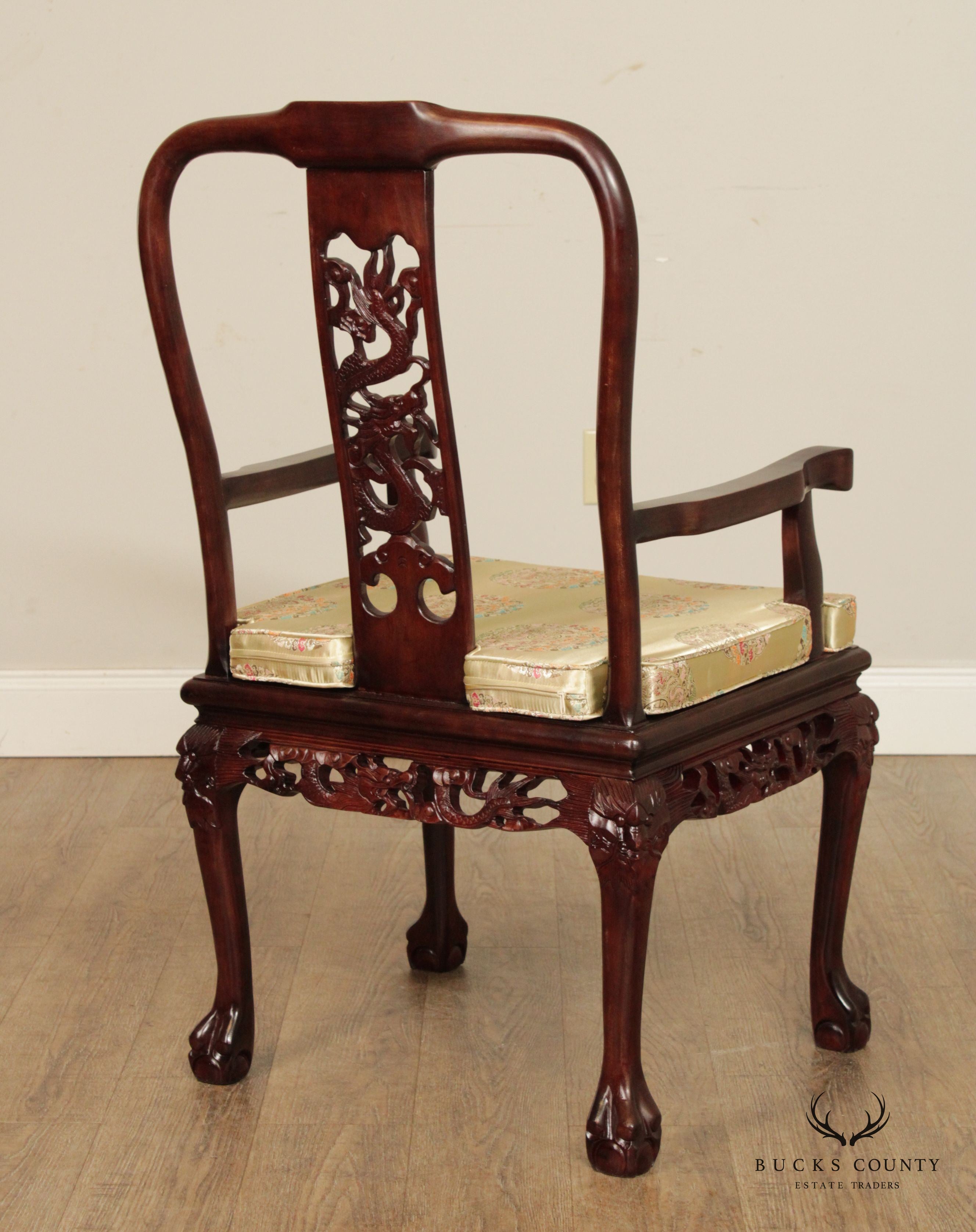 Chinese Rosewood Mother of Pearl Inlaid Dragon Carved Set of 8 Dining Chairs