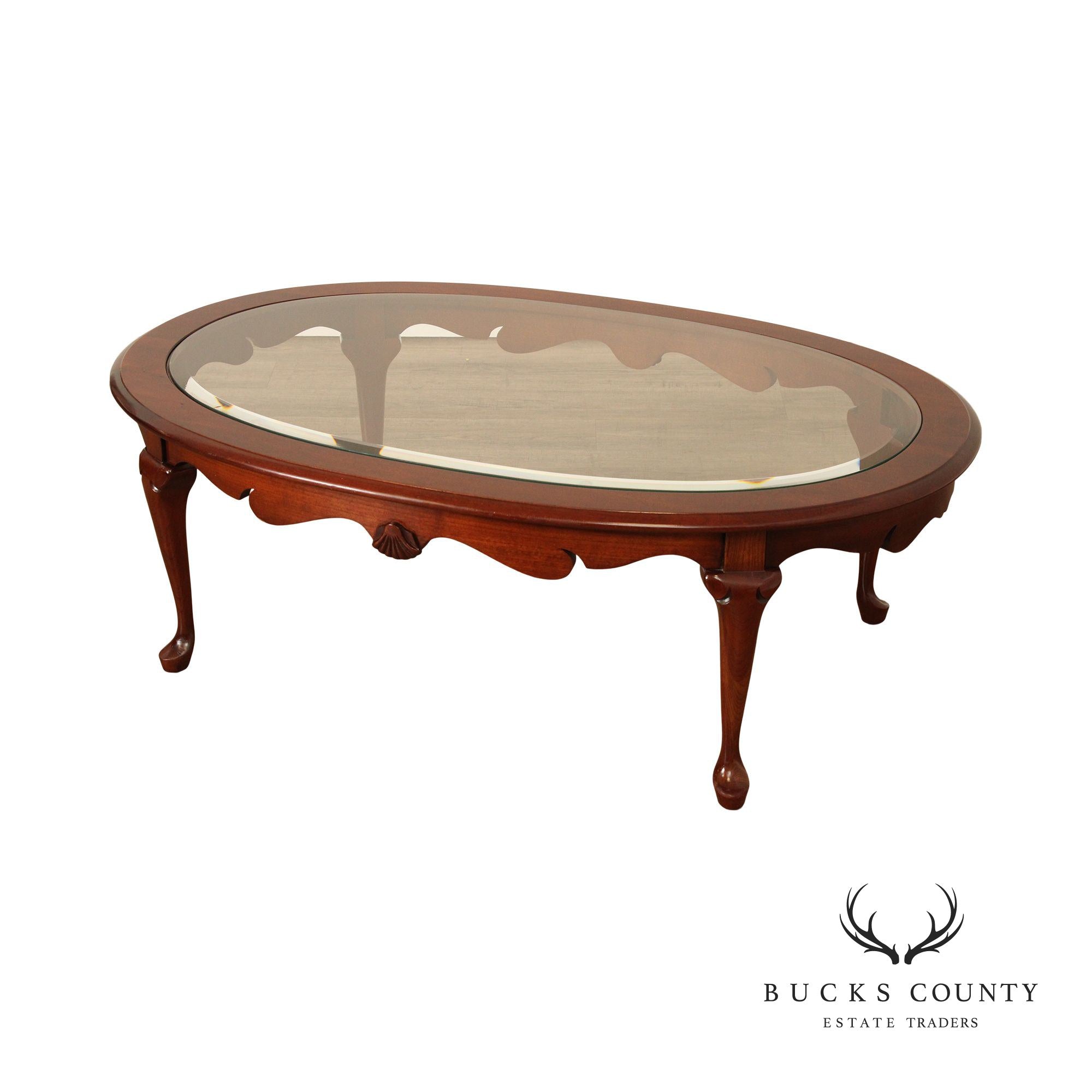 Queen Anne Style Carved Cherry Oval Glass Top Coffee Table