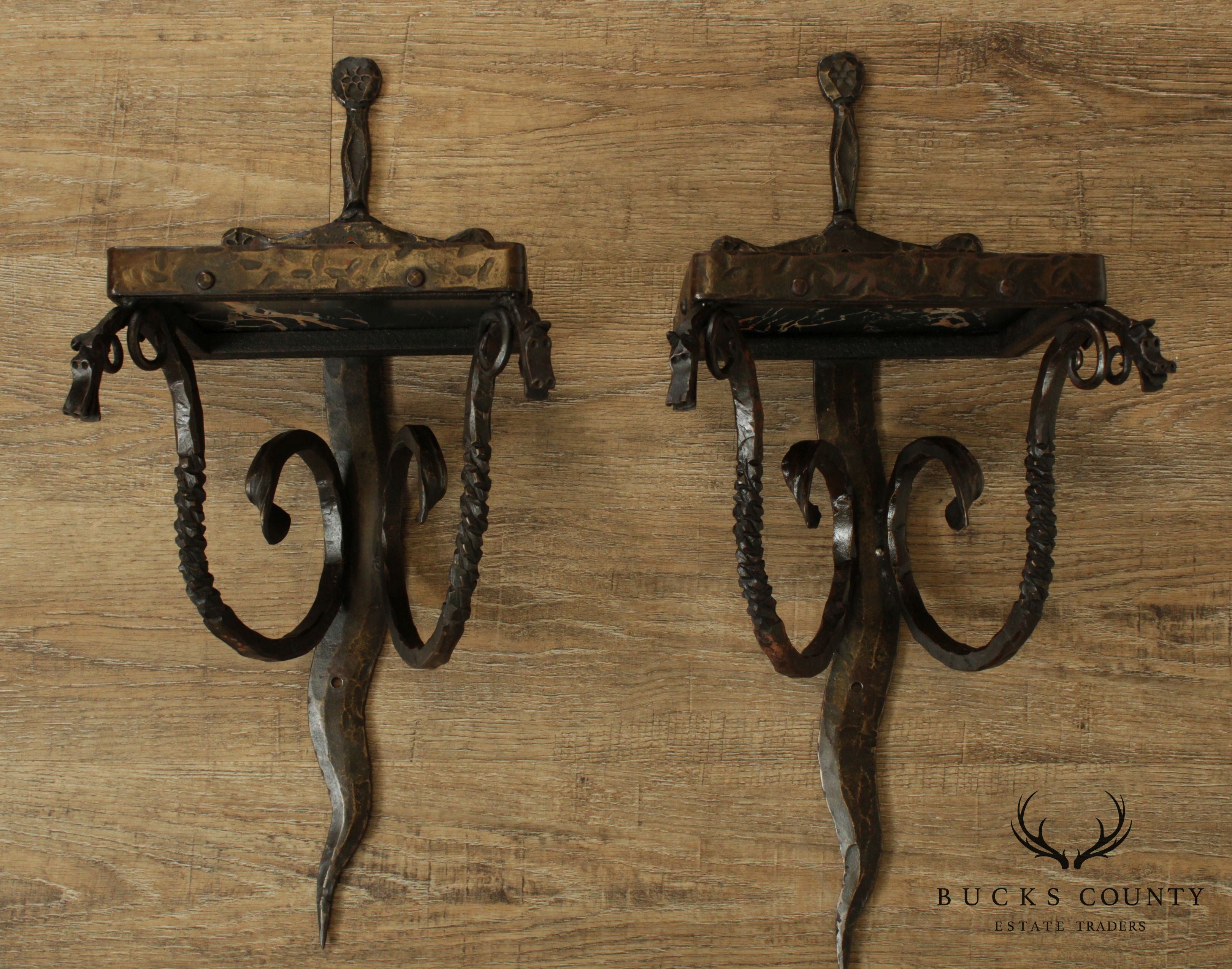 Samuel Yellin Style Hand Wrought Iron Pair Dragon and Sword Wall Shelves