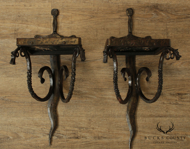 Samuel Yellin Style Hand Wrought Iron Pair Dragon and Sword Wall Shelves