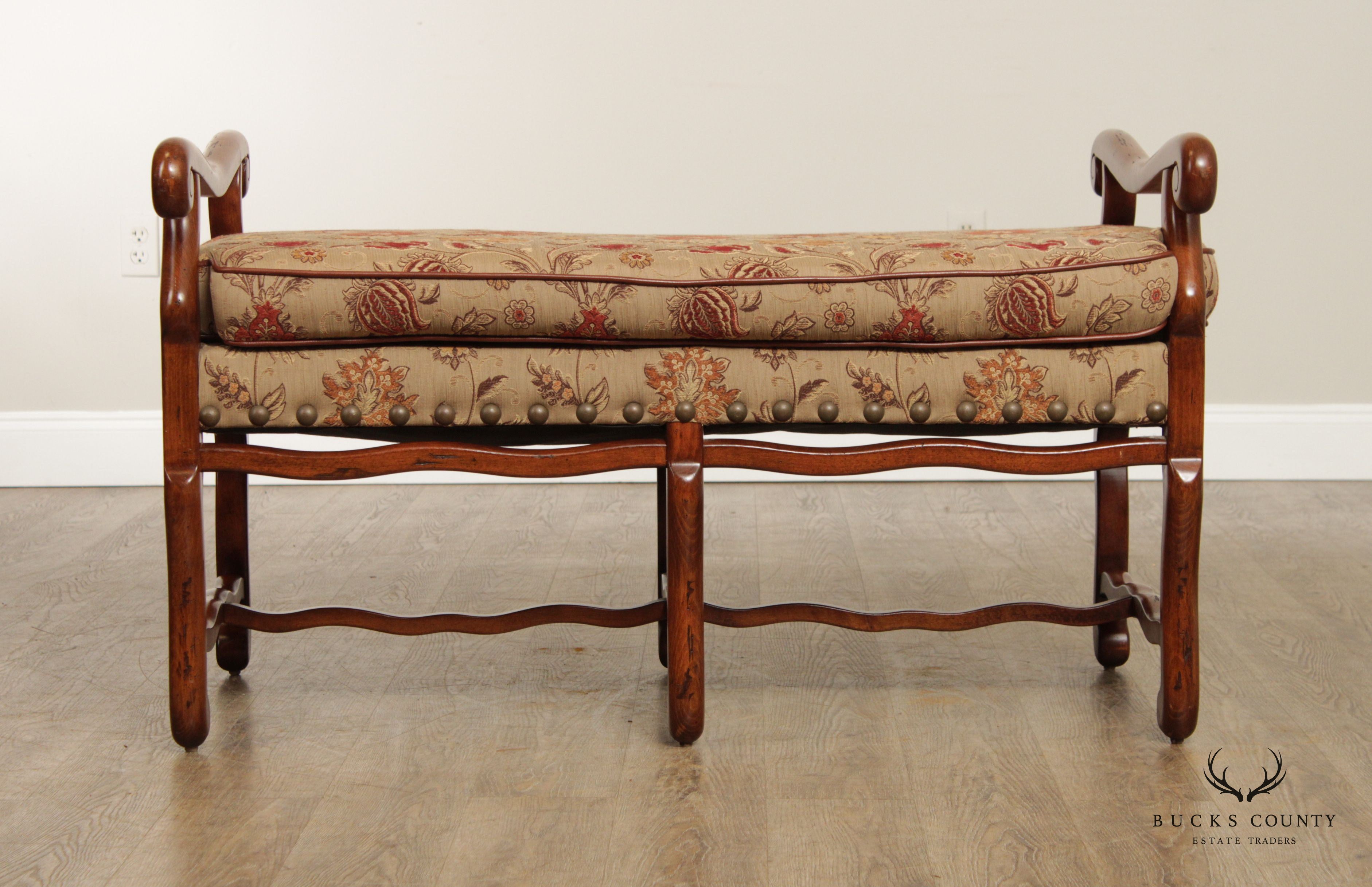 French Louis XIII Style Custom Upholstered Six Leg Window Bench