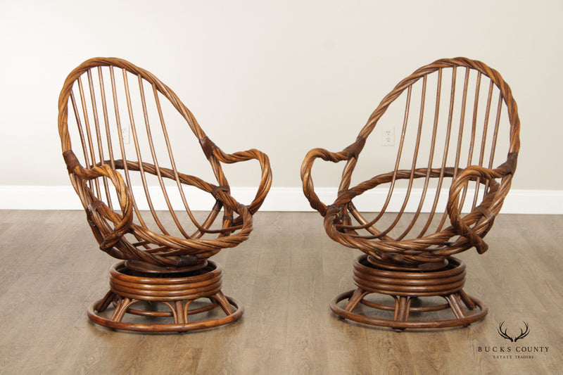 Mid Century Modern Boho Pair of Rattan Lounge Chairs