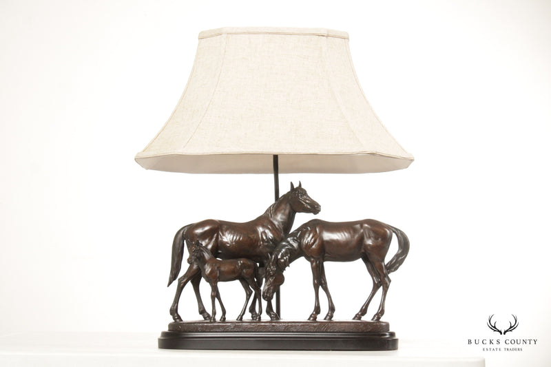Remington Horse Family Bronzed Table Lamp, Custom Shade