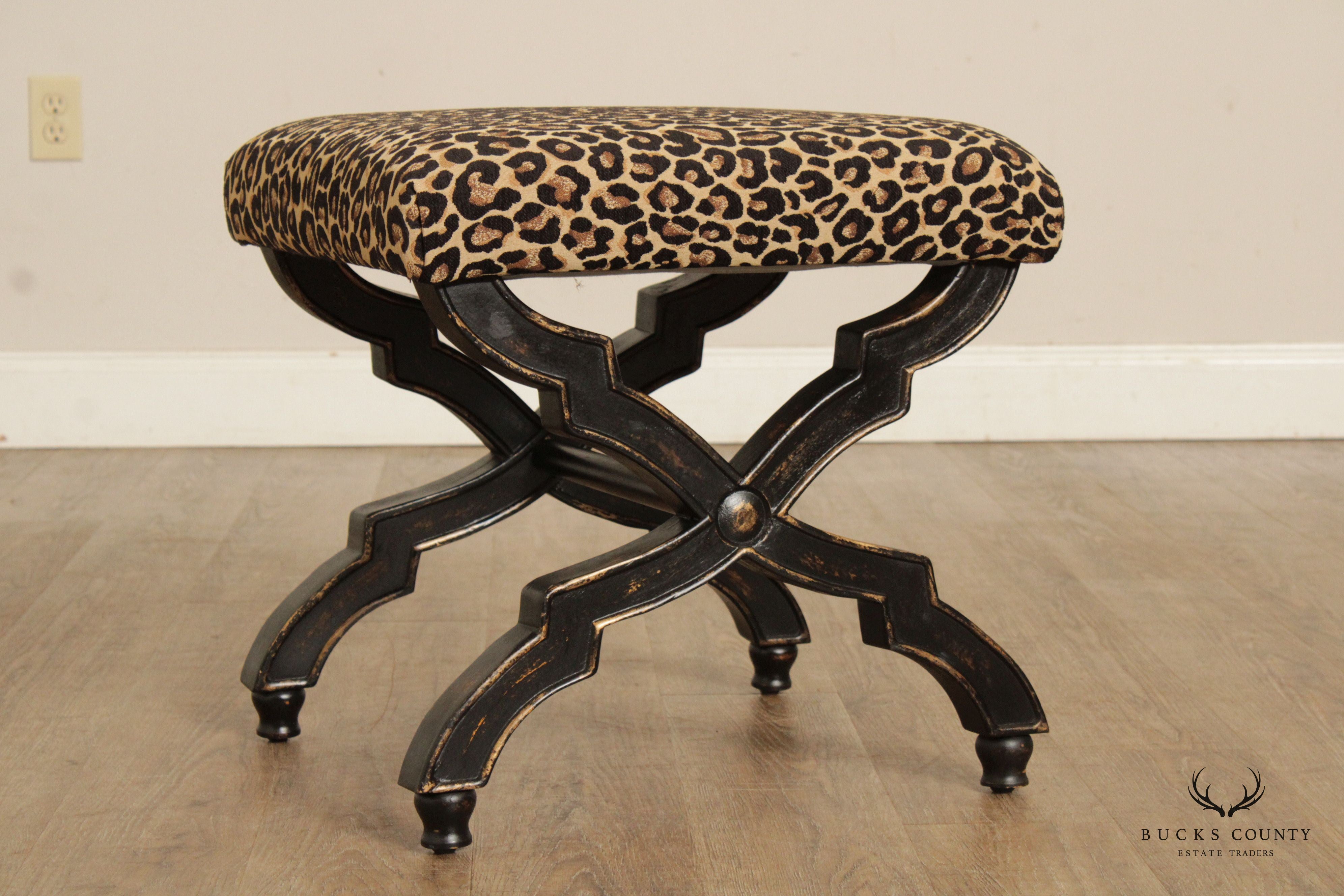 Regency Style Painted X-Frame Leopard Upholstered Ottoman Footstool