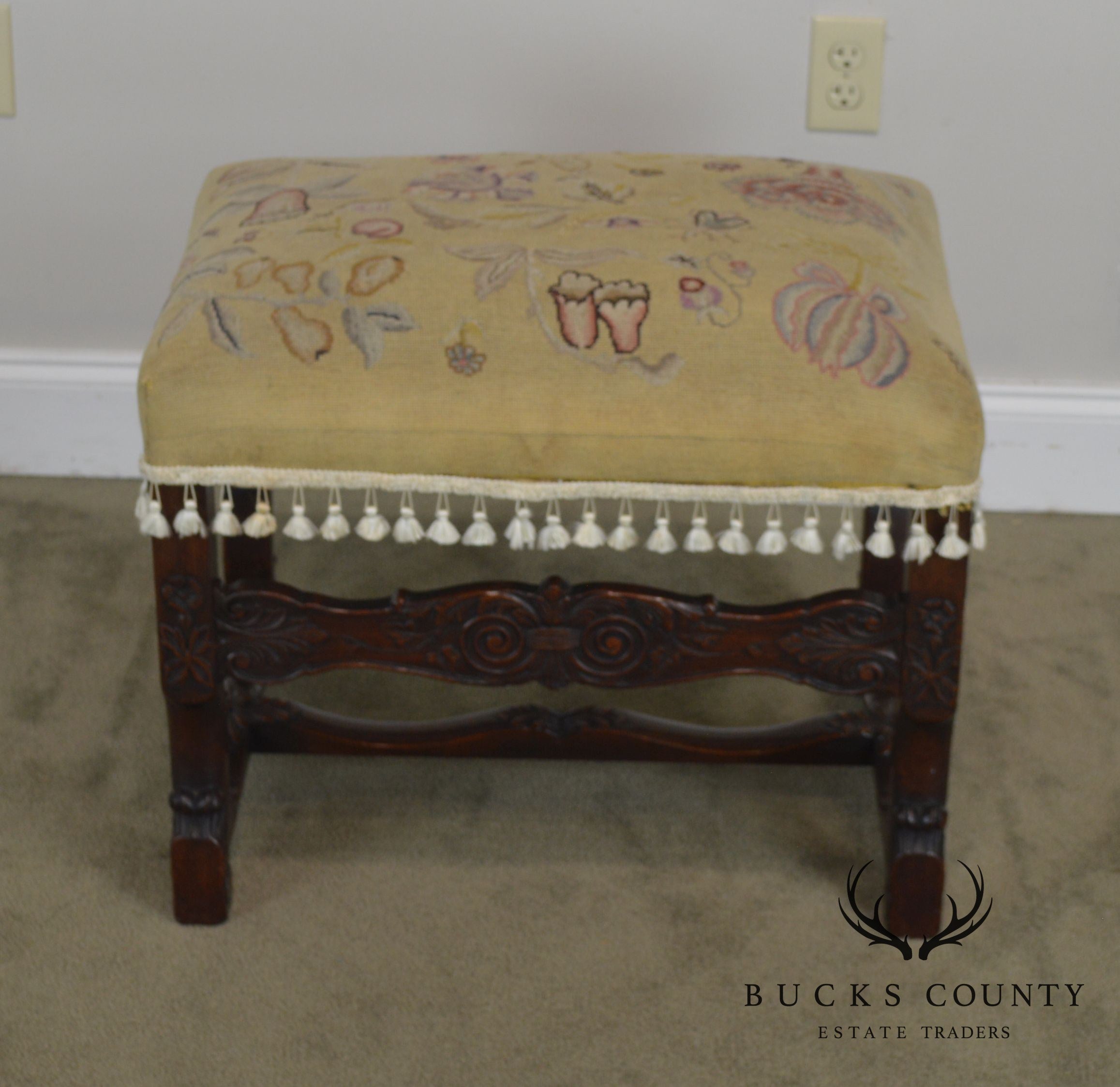 Italian Renaissance Antique Carved Needlepoint Ottoman Bench