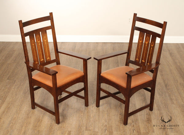Stickley Harvey Ellis Inlaid Mission Collection Pair of Oak Armchairs