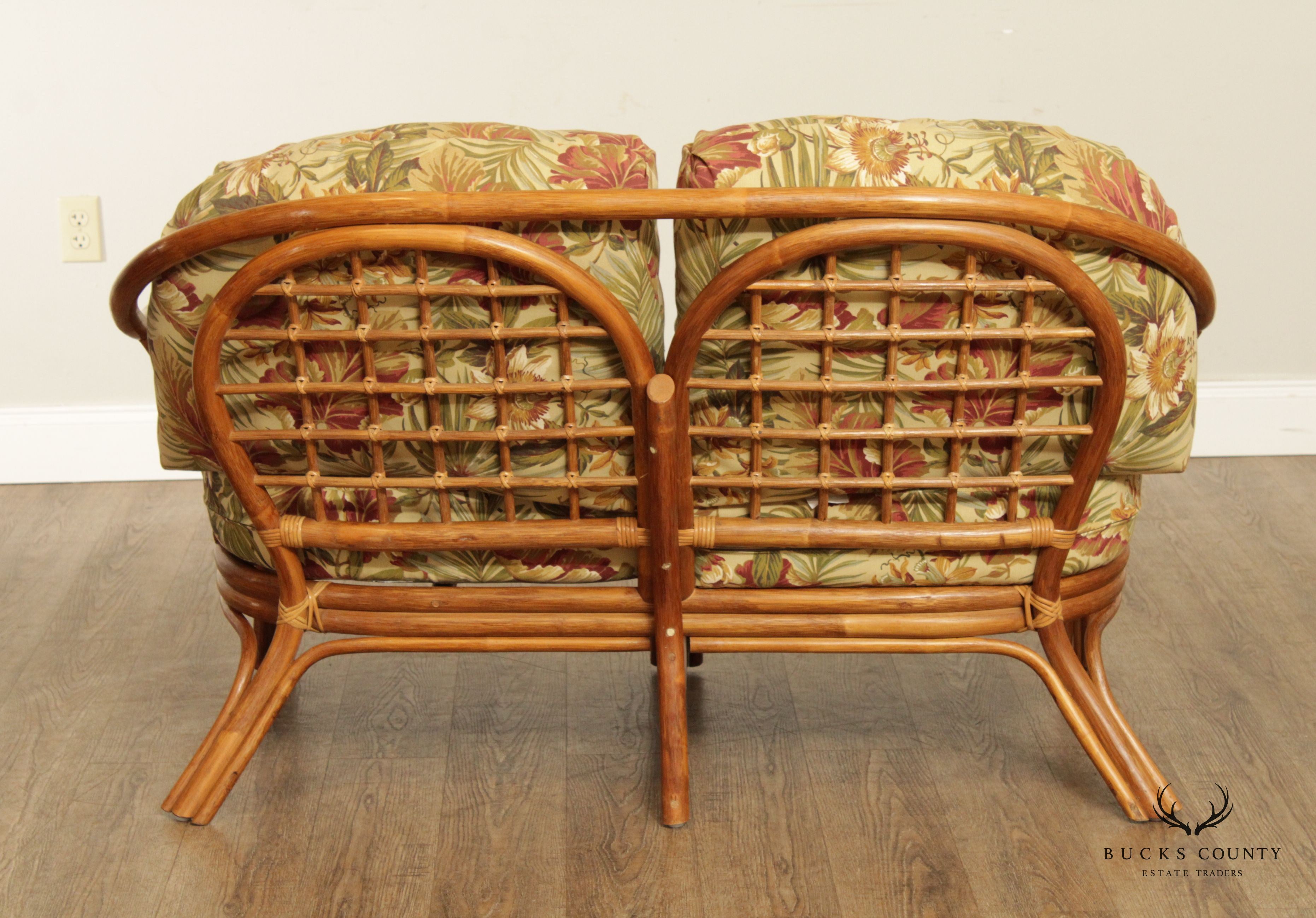 Mid Century Pair Bentwood Rattan Loveseats with Custom Cushions