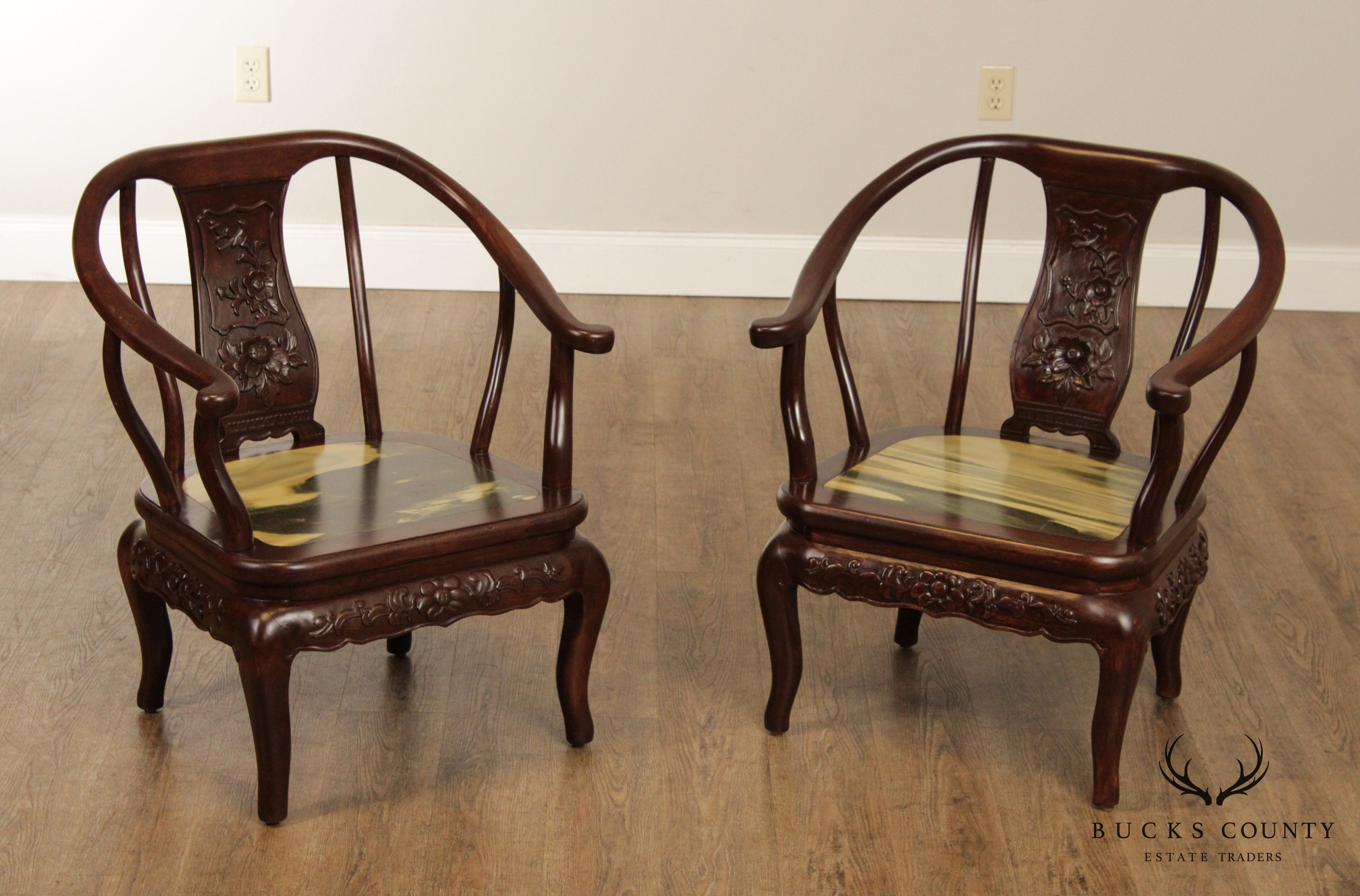 Chinese Pair Marble & Hardwood Horseshoe Chairs