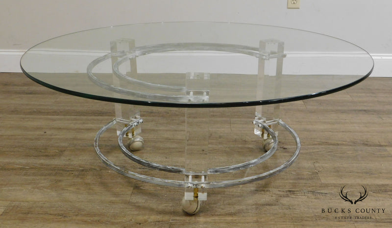 Charles Hollis Jones Mid Century Modern Brass & Lucite Round Glass Top Coffee Table