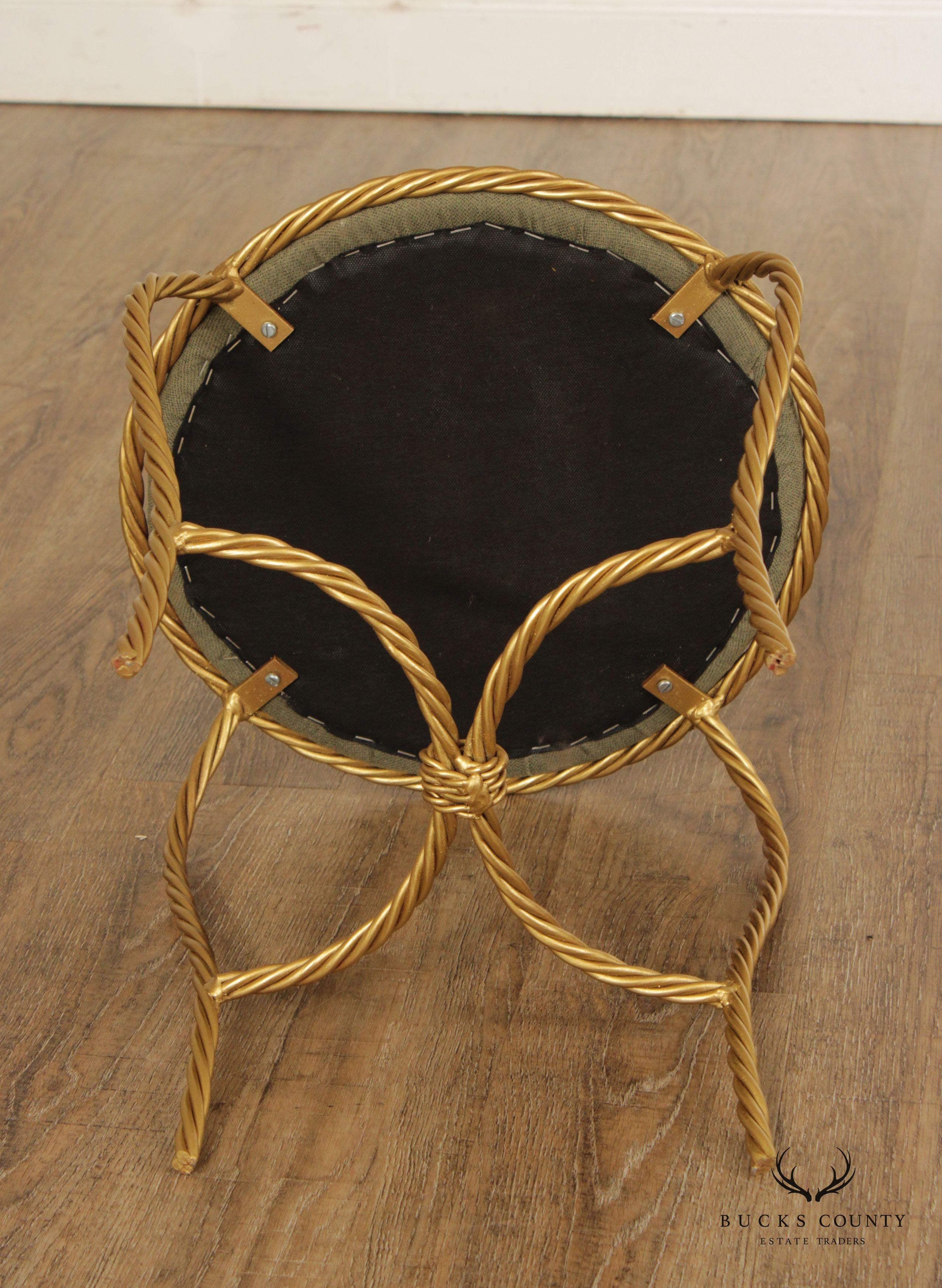 Italian Hollywood Regency Pair Gilt Rope Twist Stools