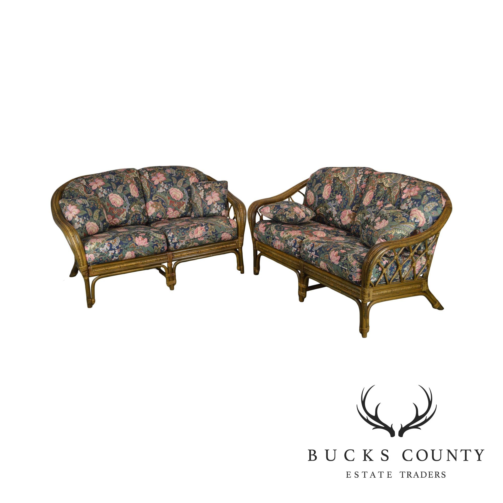 Quality Rattan Pair Curved Back Loveseats with Custom Floral Upholstered Cushions