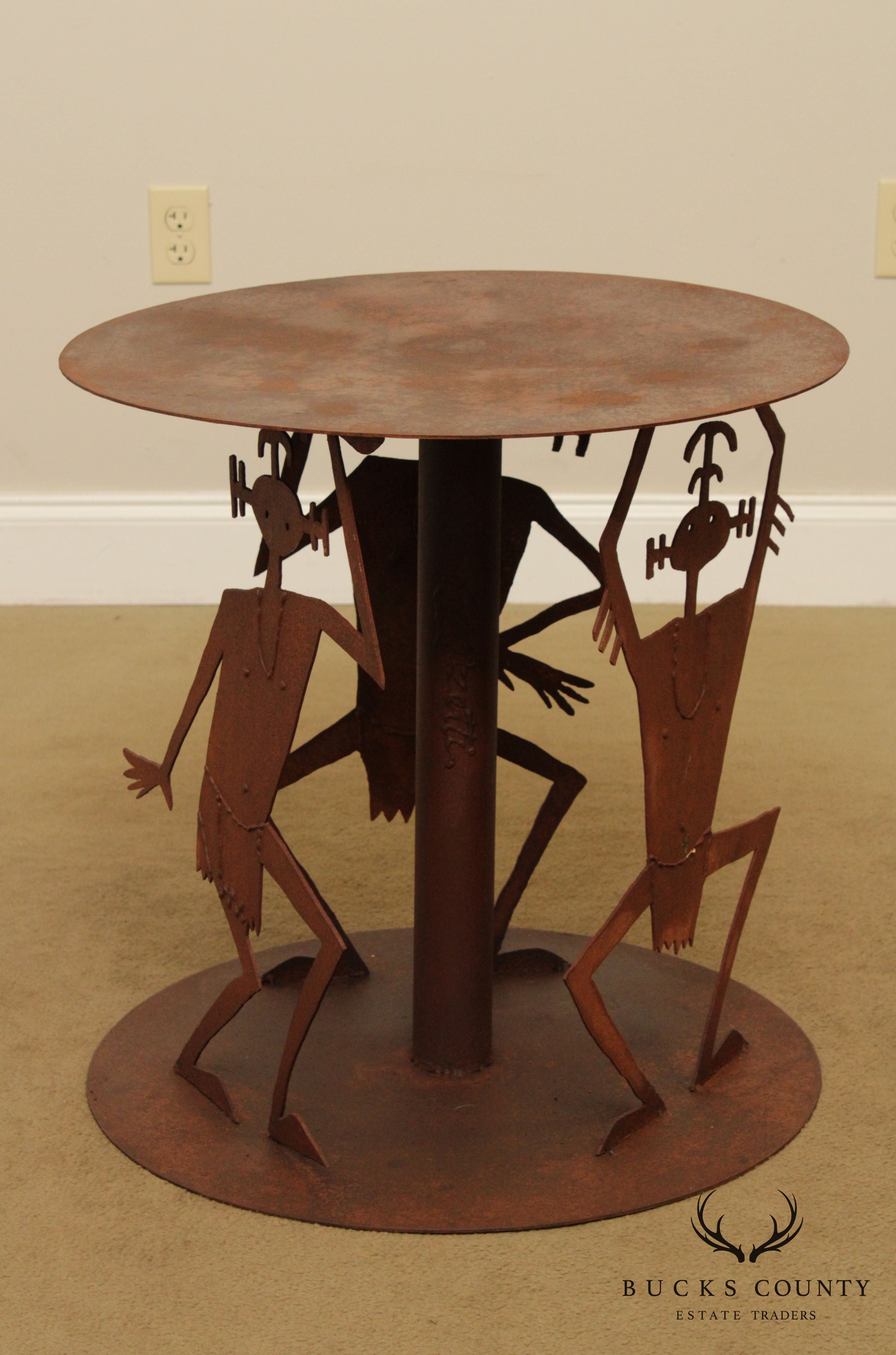 Studio Crafted Rusted Steel Round Garden Table, Dancing Figures