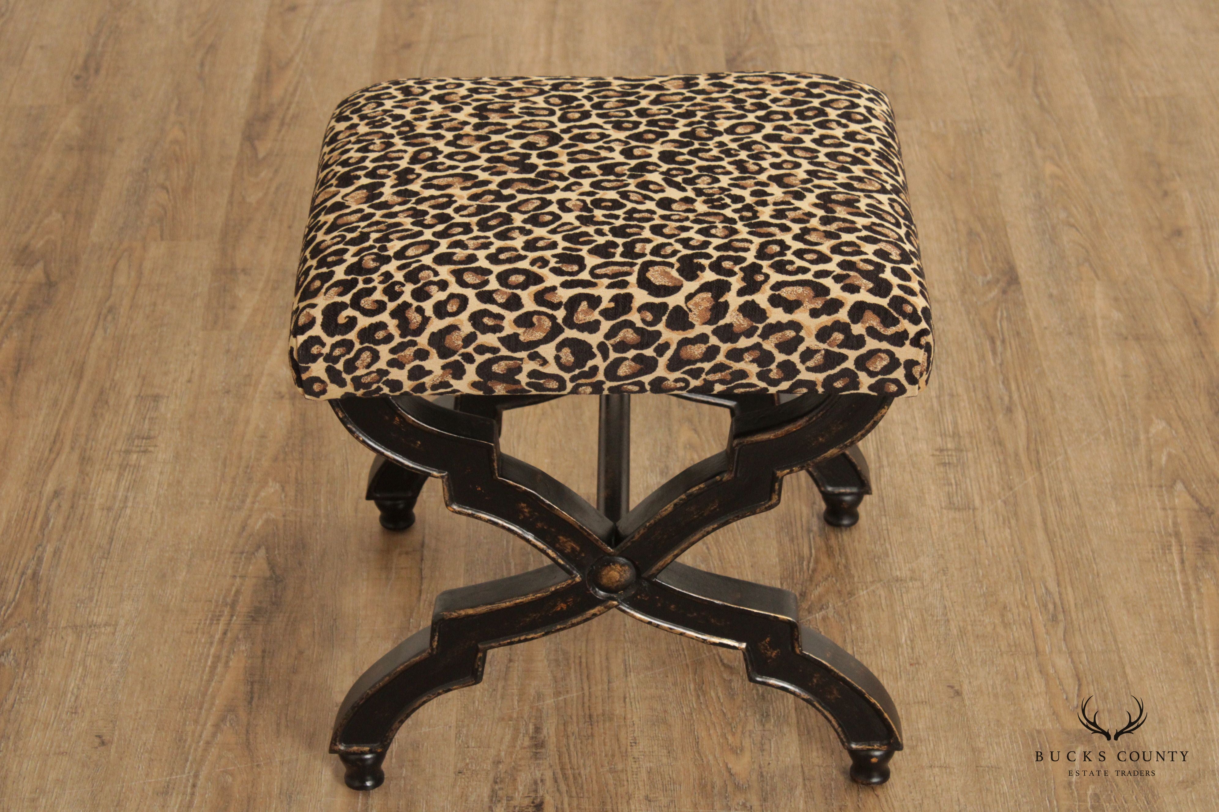 Regency Style Painted X-Frame Leopard Upholstered Ottoman Footstool