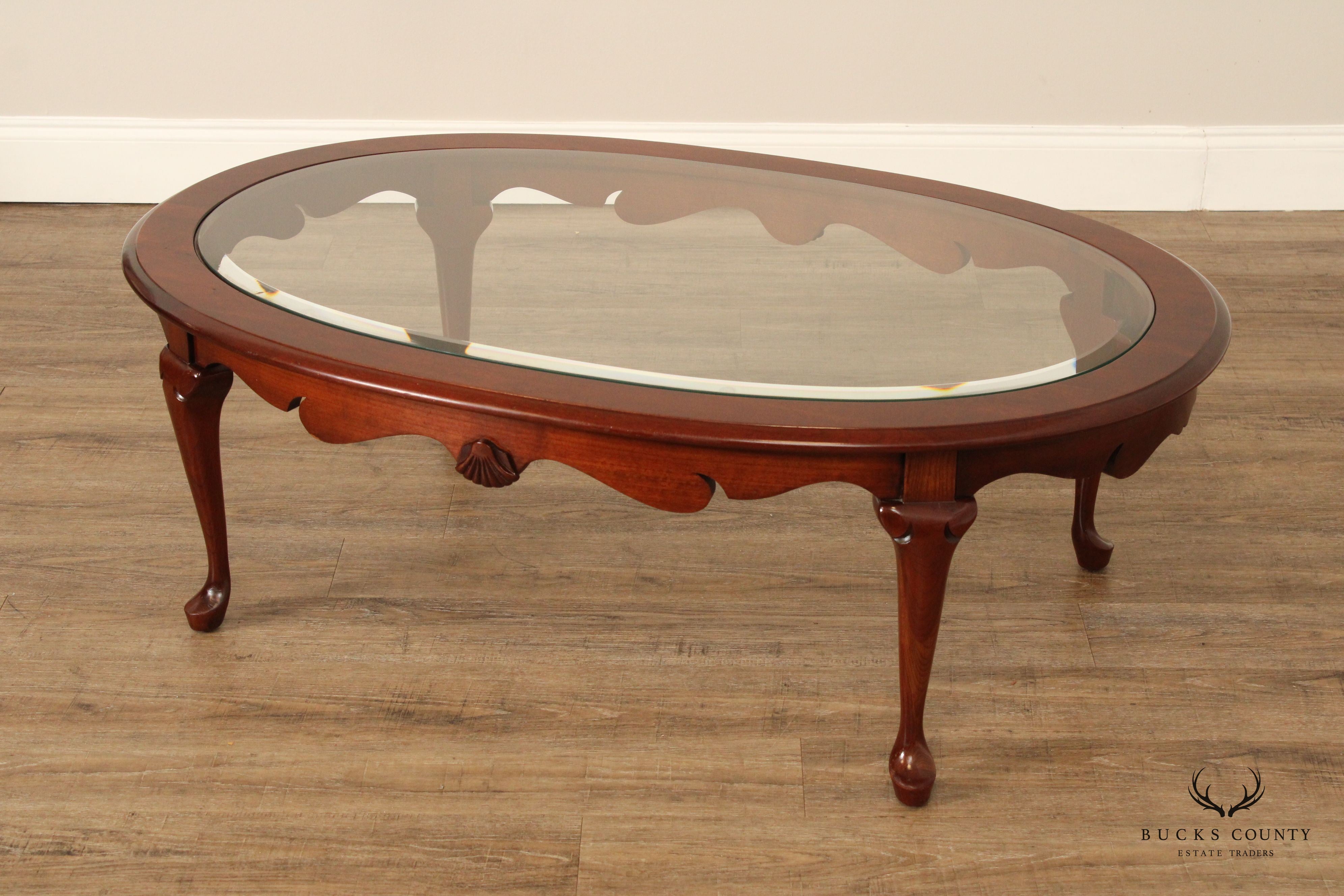 Queen Anne Style Carved Cherry Oval Glass Top Coffee Table