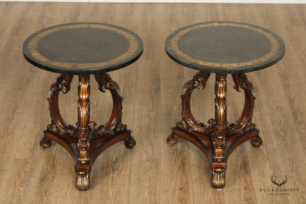 Italian Style Pair of Round Marble Top Side Tables