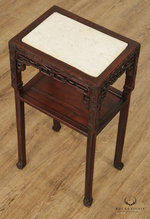 Antique 18th Century Chinese Carved Rosewood and White Marble Side Table