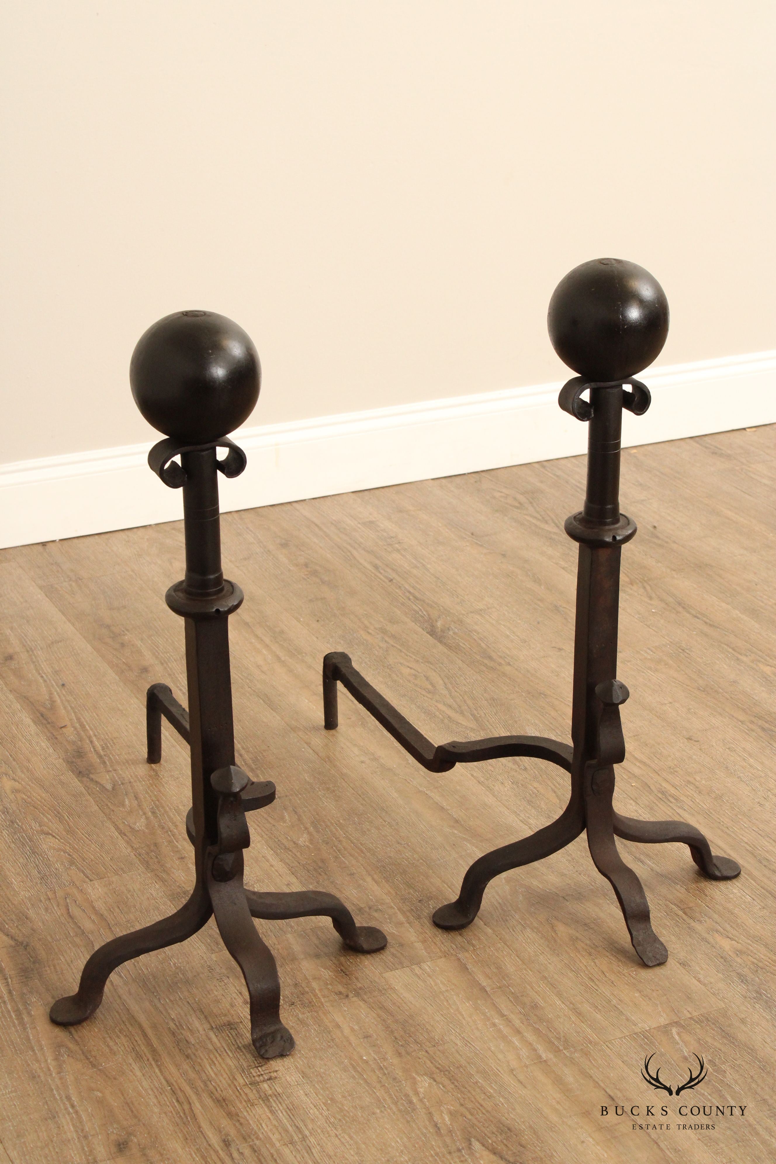 Arts & Crafts Pair of Heavy Iron Fireplace Andirons