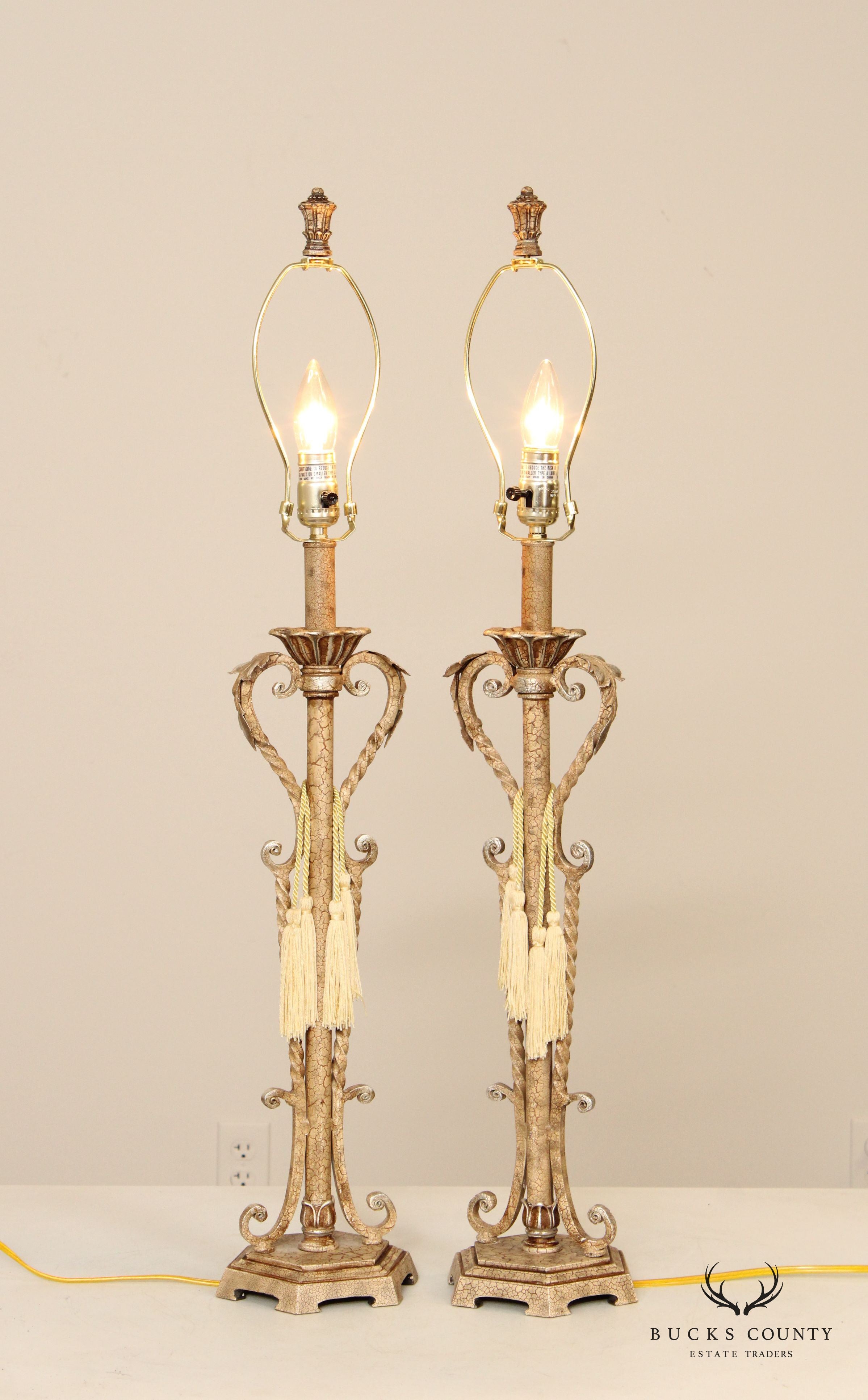 Distressed Painted Finish Pair Wrought Iron Table Lamps