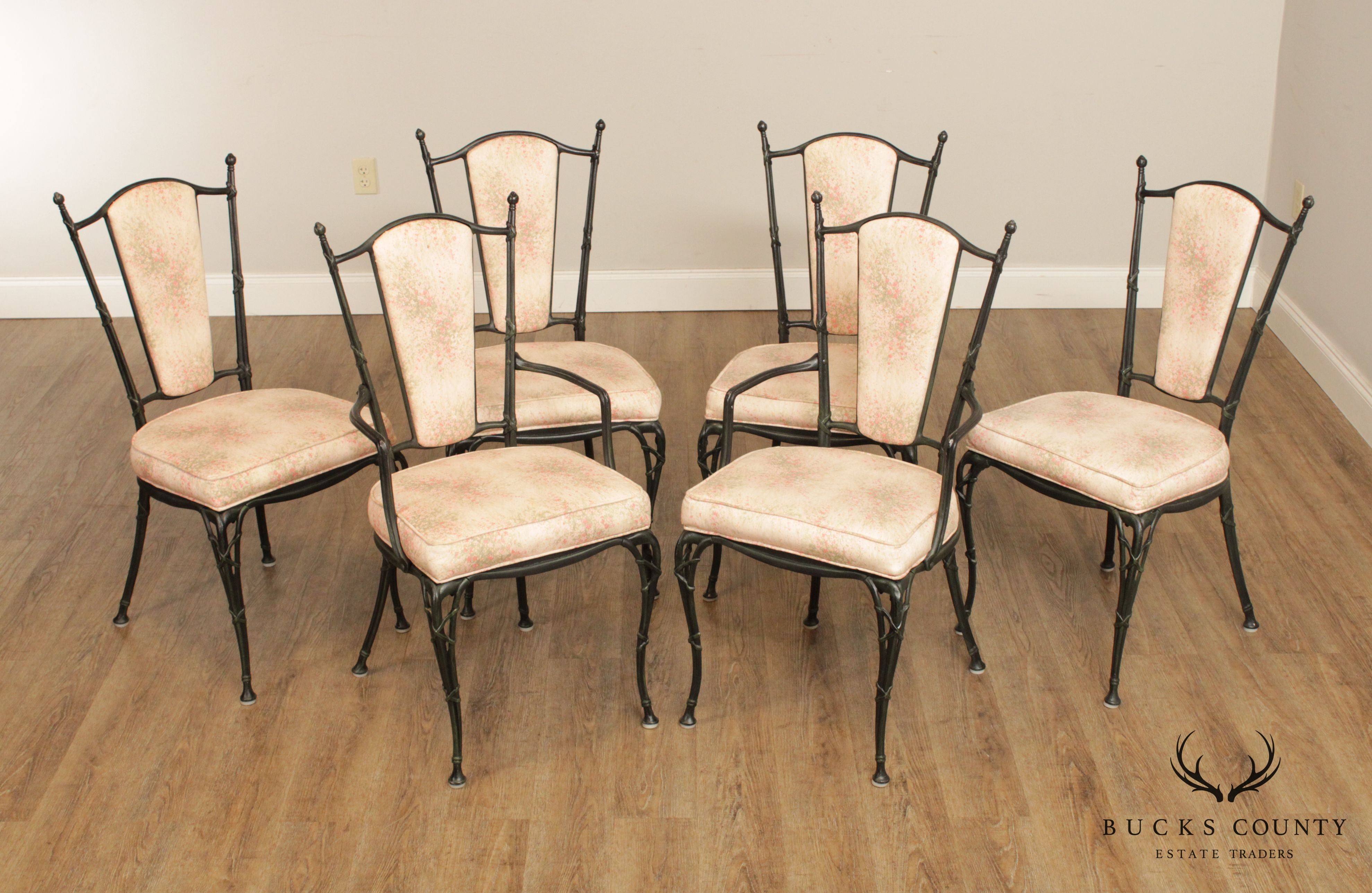 Hollywood Regency Style Vintage Cast Aluminum Faux Bamboo Set 6 Dining Chairs