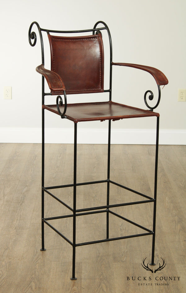 William Sheppee Scollwork Iron and Leather Barstool