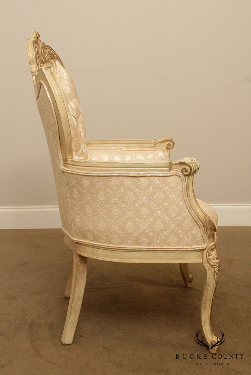French Louis XV Style Vintage Pair Cream Painted Tufted Fire Side Chairs