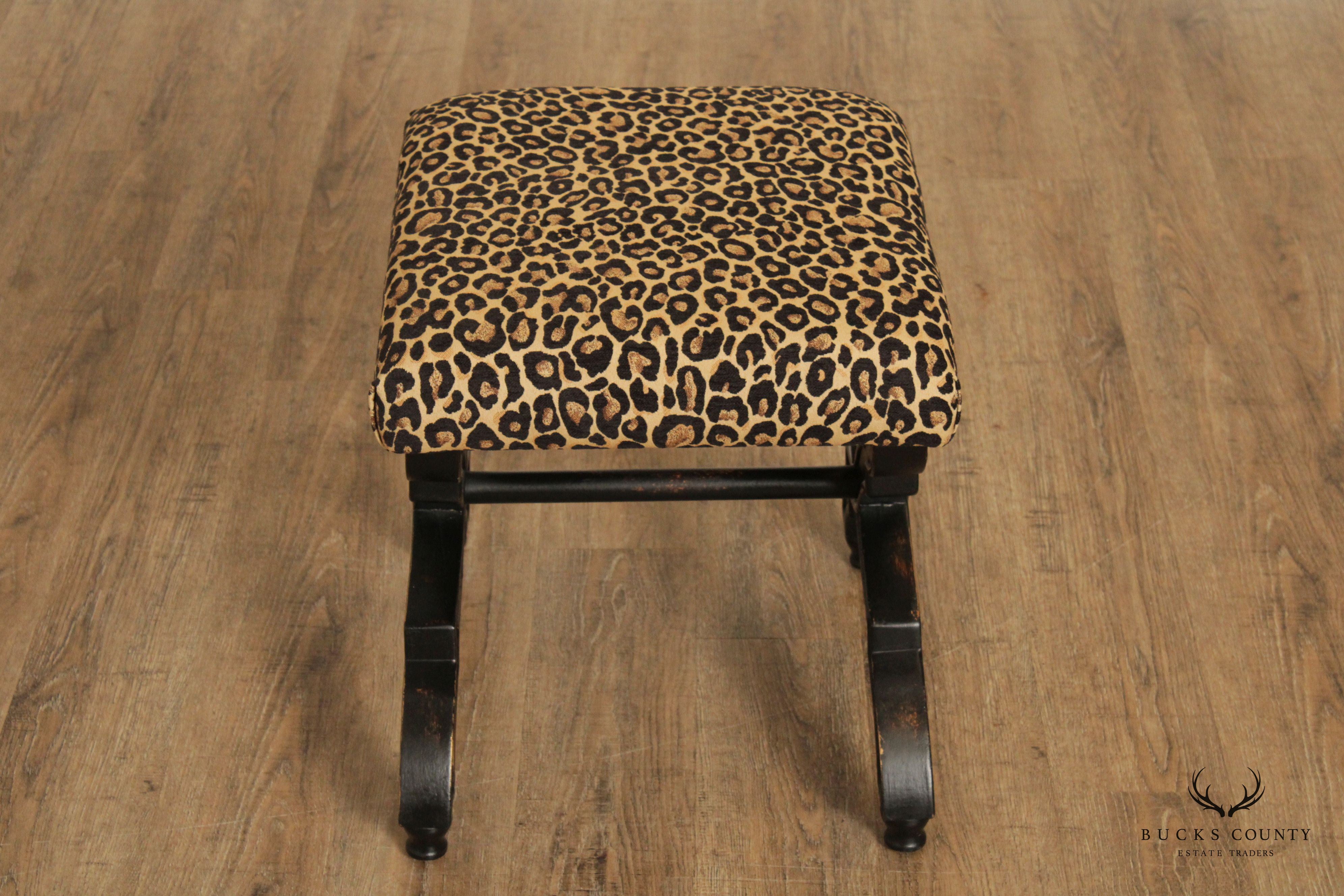 Regency Style Painted X-Frame Leopard Upholstered Ottoman Footstool