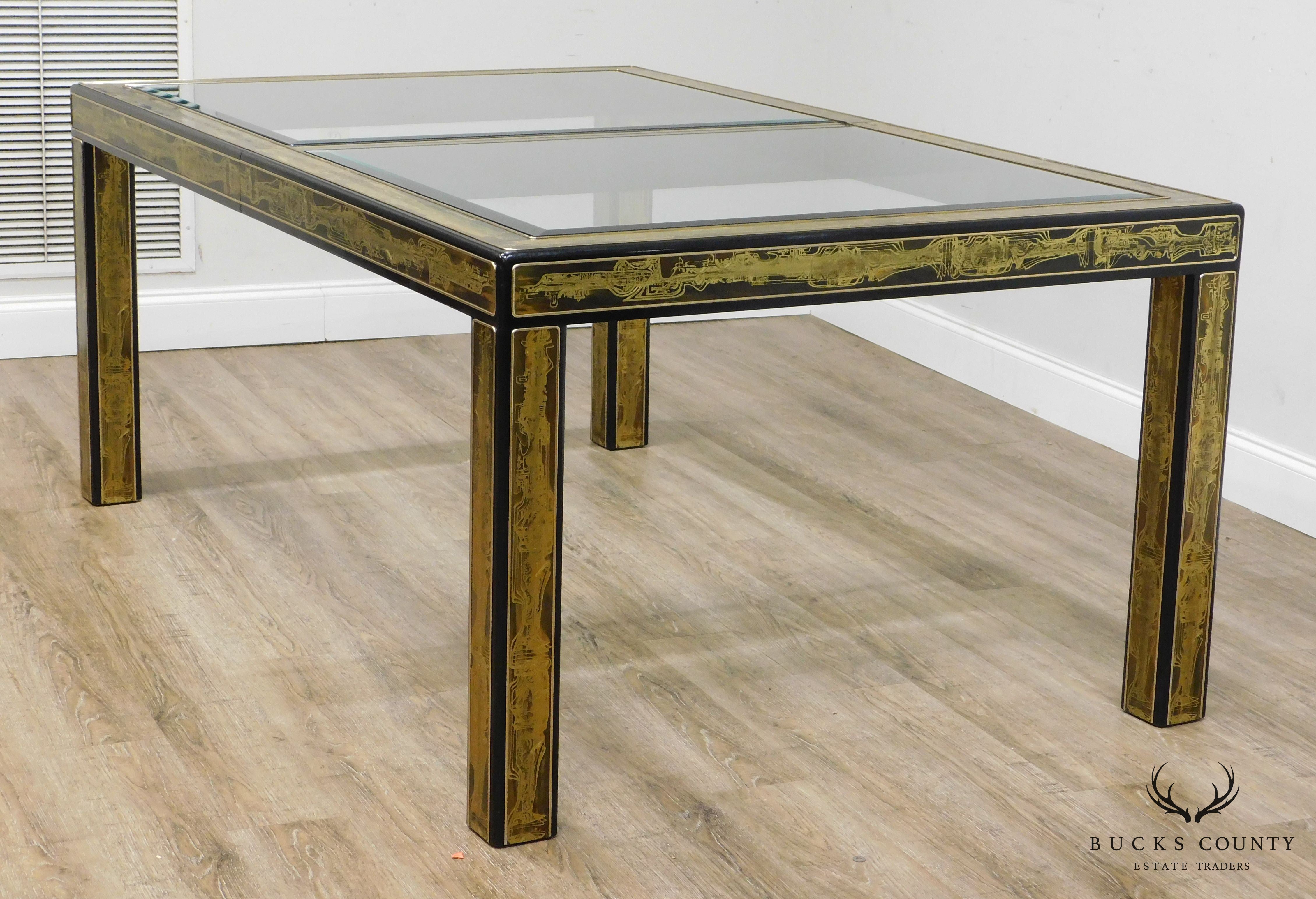 Bernard Rohne Mastercraft Acid Etched Brass, Glass Top Expandable Dining Table