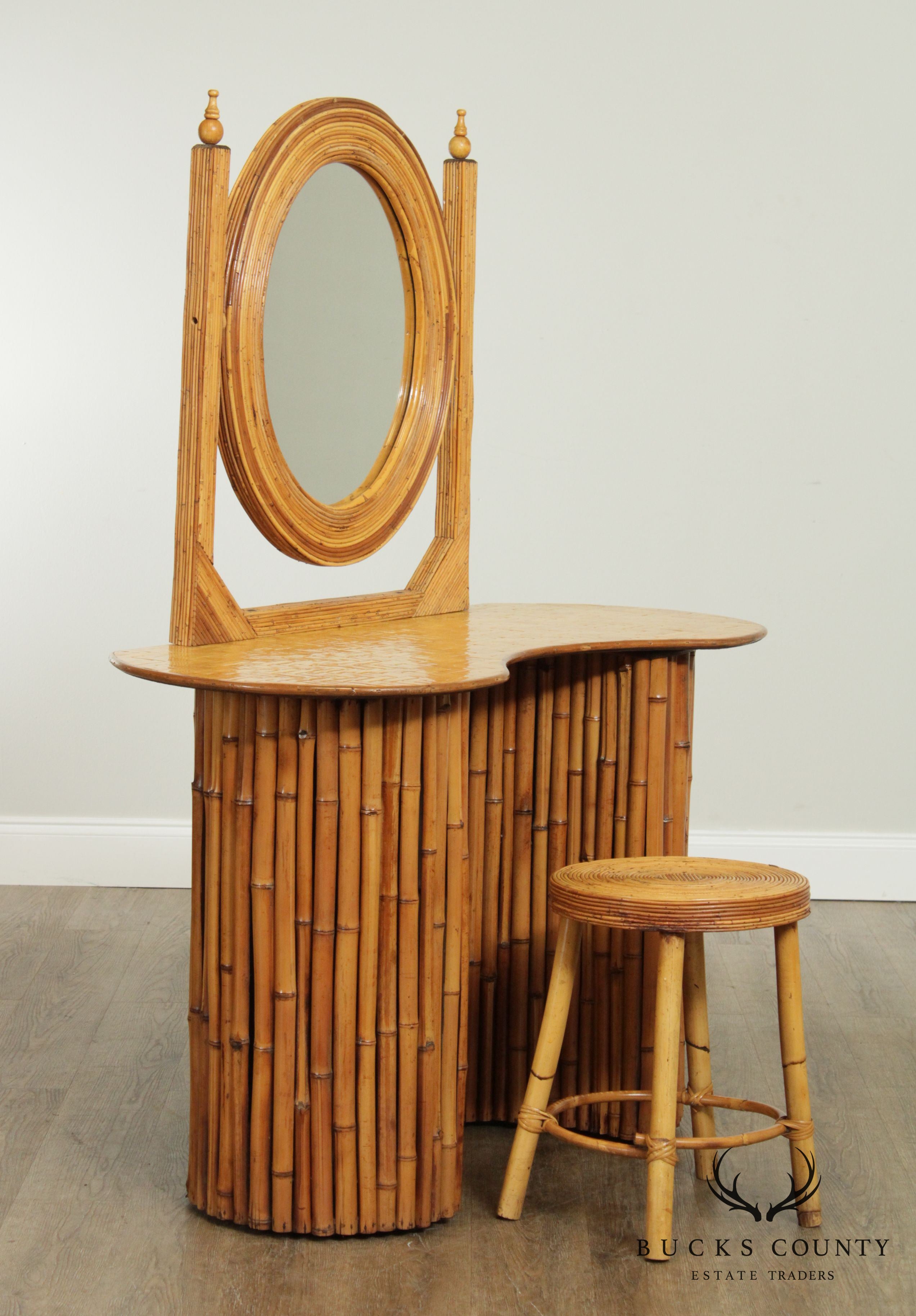 Vintage Bamboo Kidney Shape Vanity with Mirror, Stool