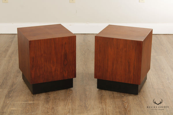 Mid Century Modern Pair Walnut Cube Side Tables