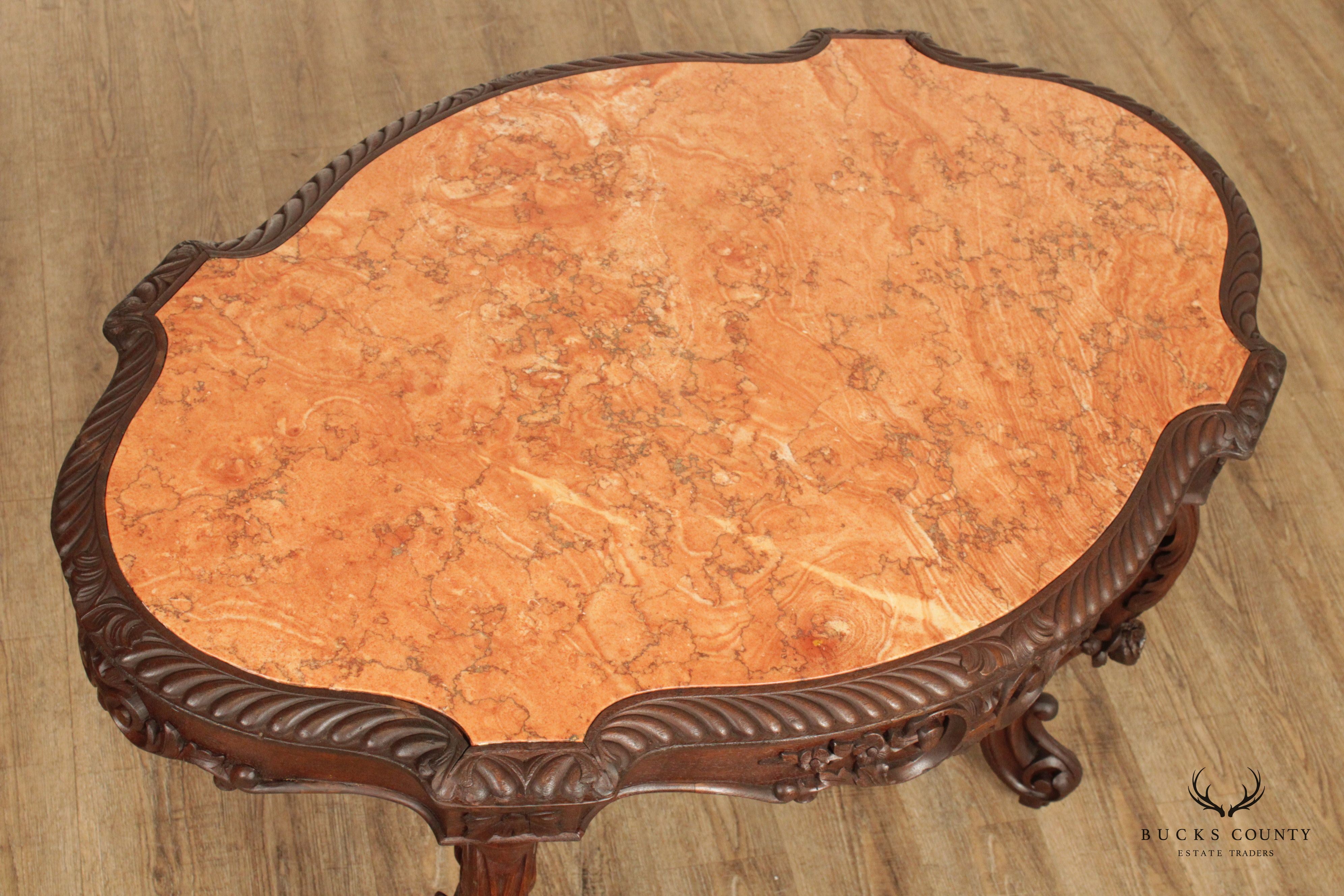 Antique Renaissance Revival Carved Mahogany Marble Turtle Top Center Table