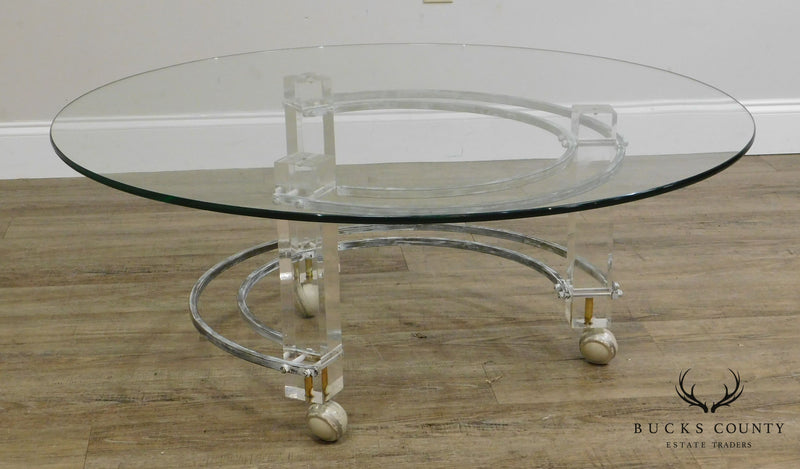 Charles Hollis Jones Mid Century Modern Brass & Lucite Round Glass Top Coffee Table
