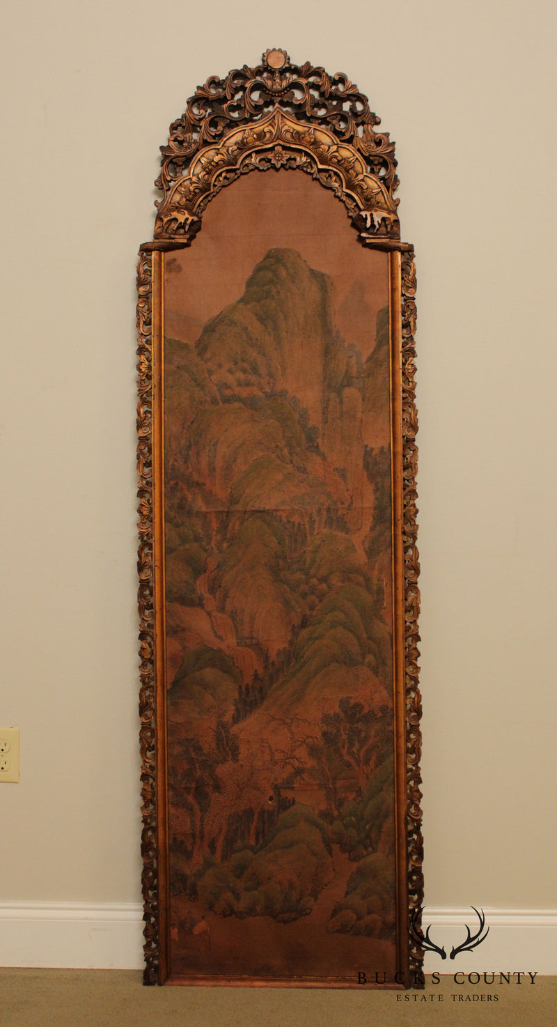 Antique Asian Pair Tall Carved Frame Paintings