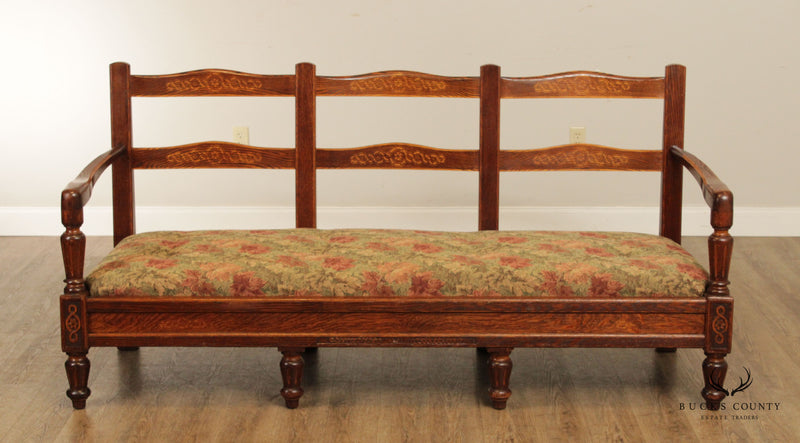 Antique Provincial Carved Oak Ladder Back Settee Sofa
