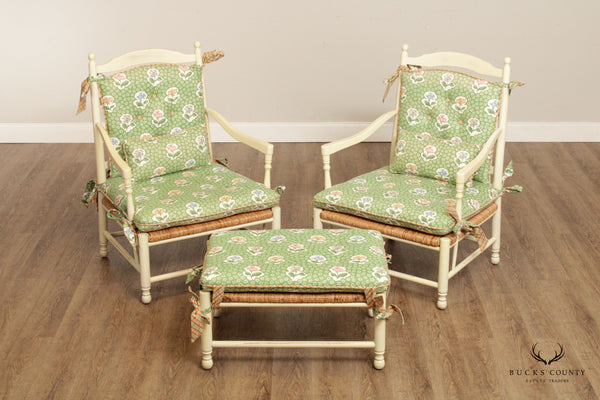 Country French Style Pair of Rush Armchairs and Ottoman
