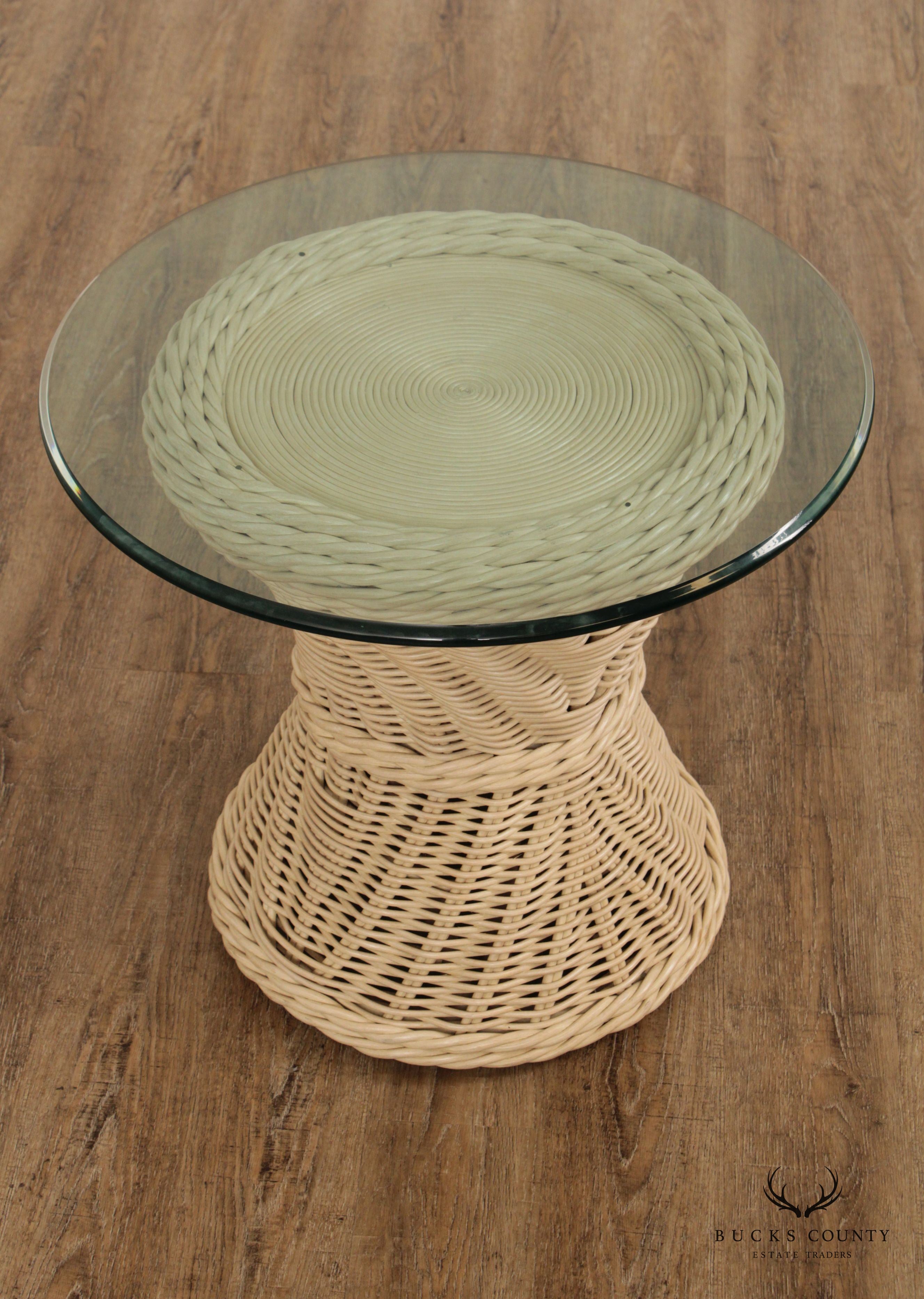 Quality Vintage Round Wicker Rattan Glass Top Side Table (B)