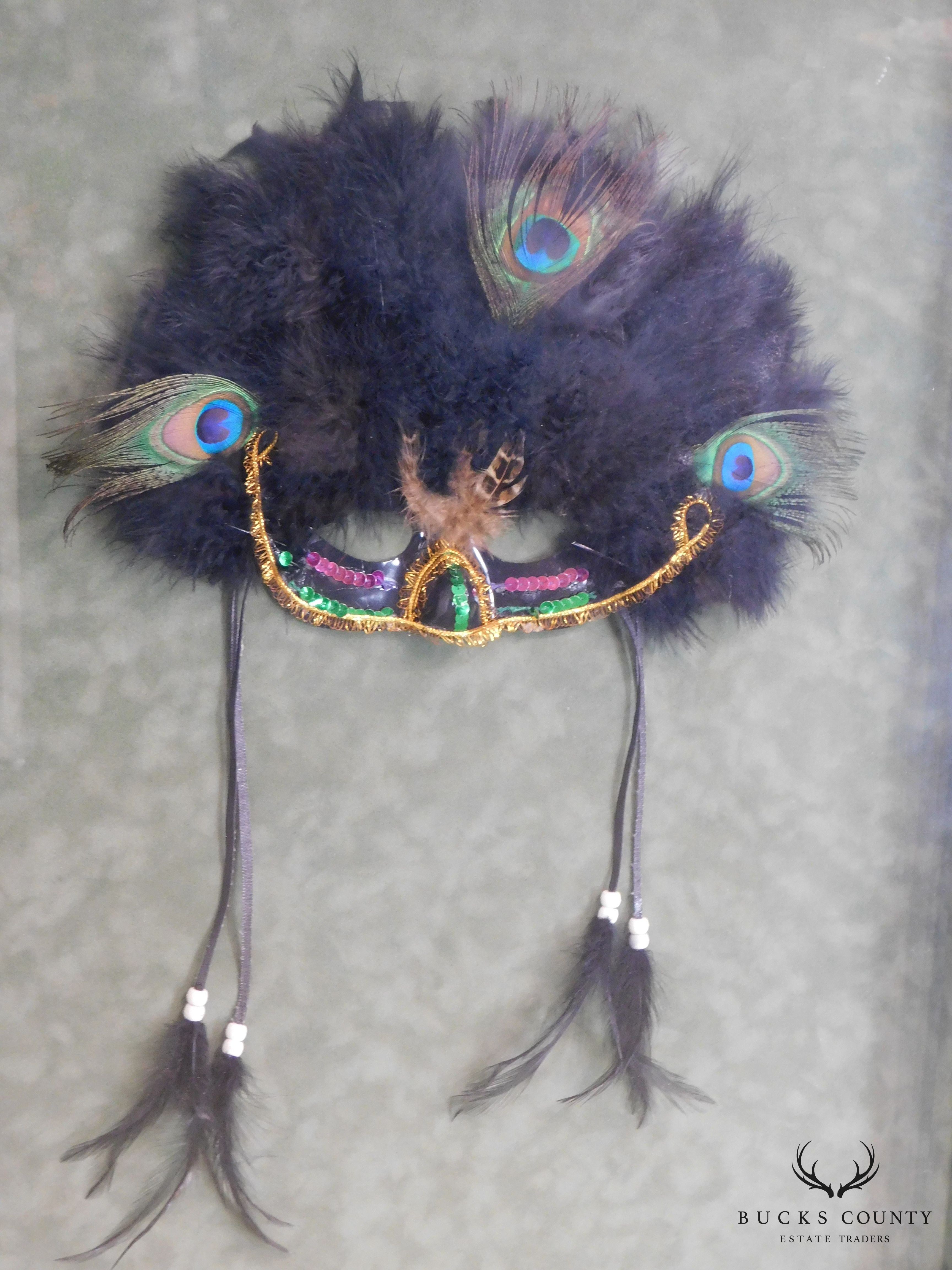 Hand Crafted Mardi Gras Mask with Peacock Feathers and Beaded Ties, Framed