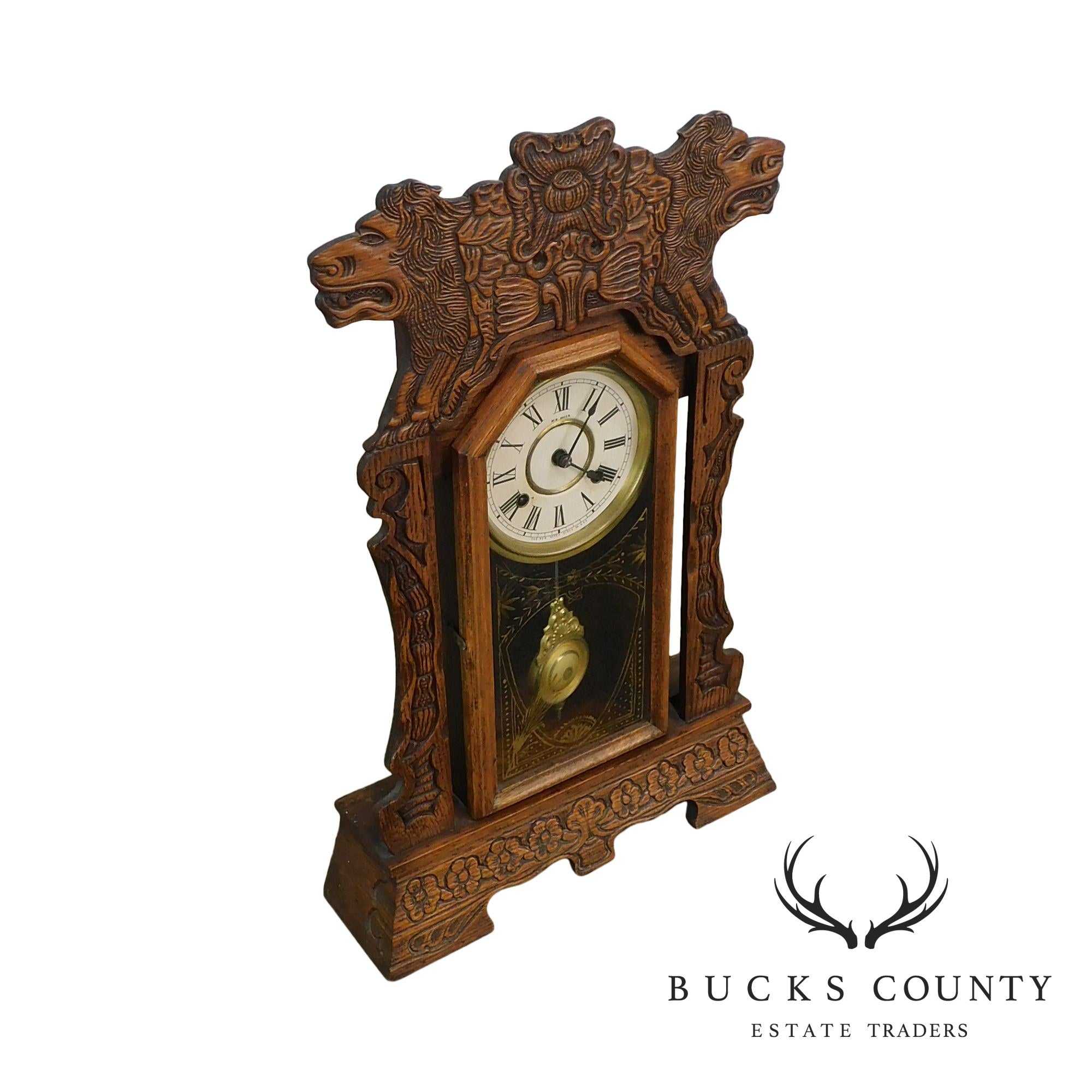 New Haven Antique Lion Carved Oak Gingerbread Kitchen Clock