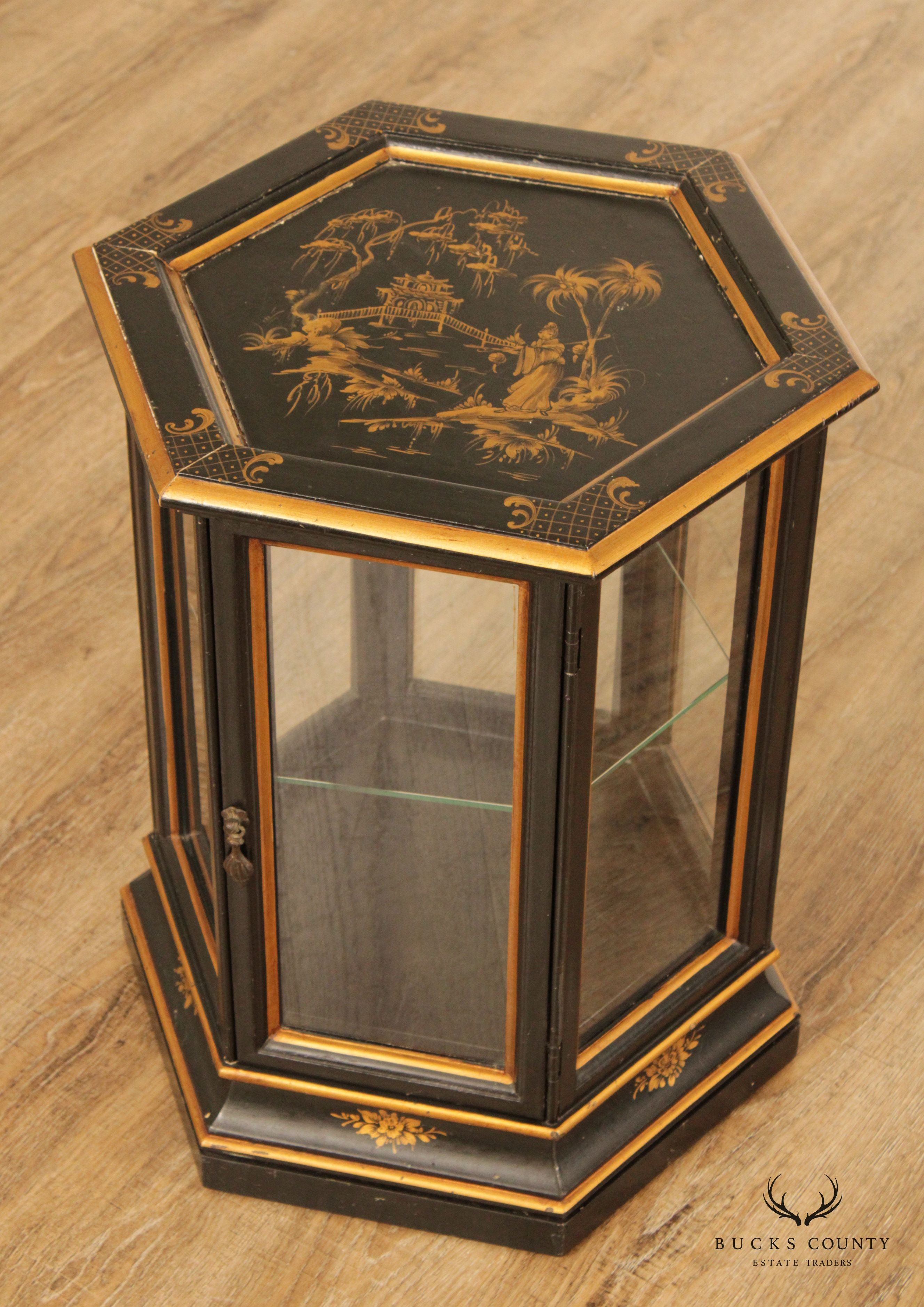 Chinoiserie Decorated Black and Gold Vitrine Side Table