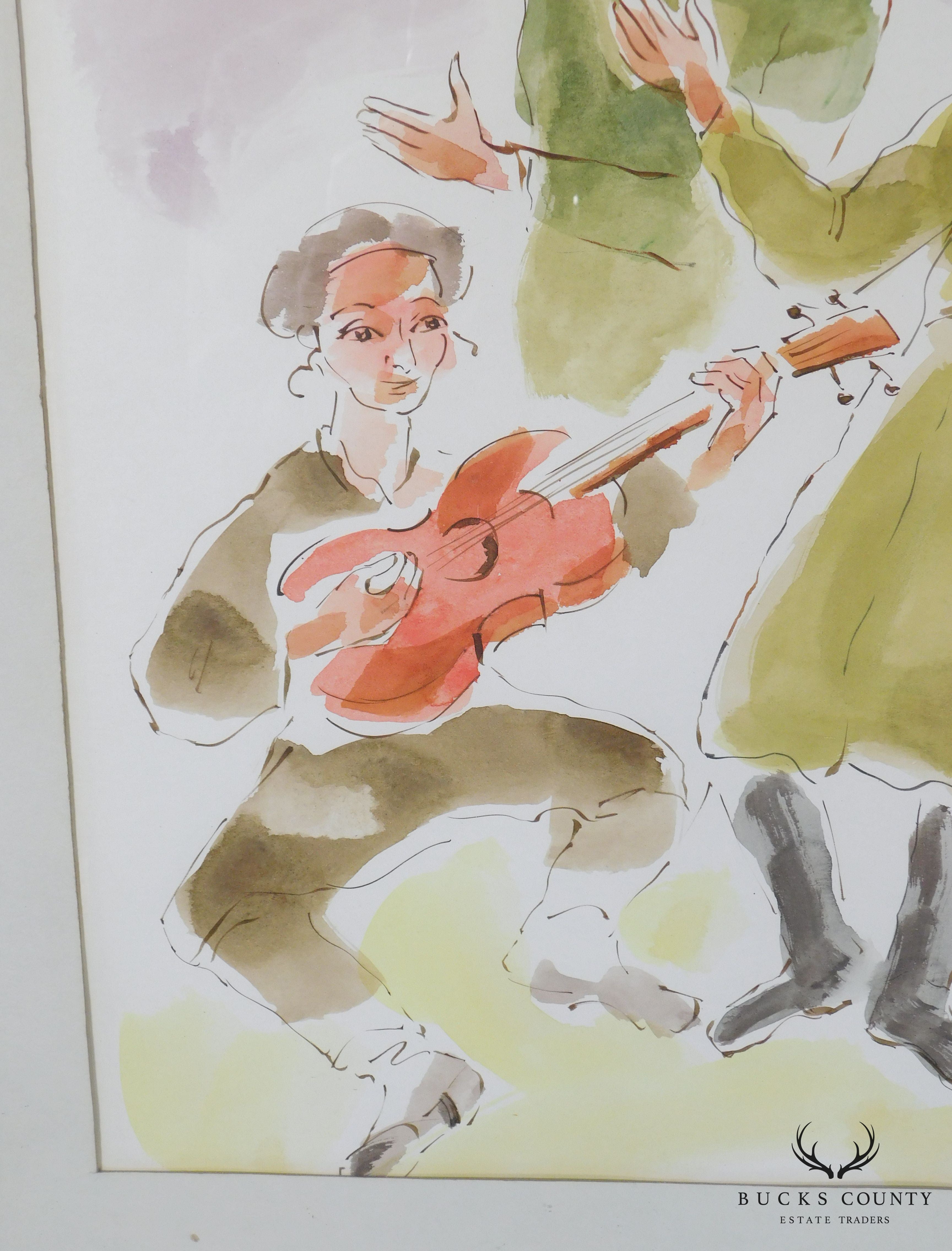 Moshe Raviv "Dancing Hasidim" Original Watercolor on Paper Signed