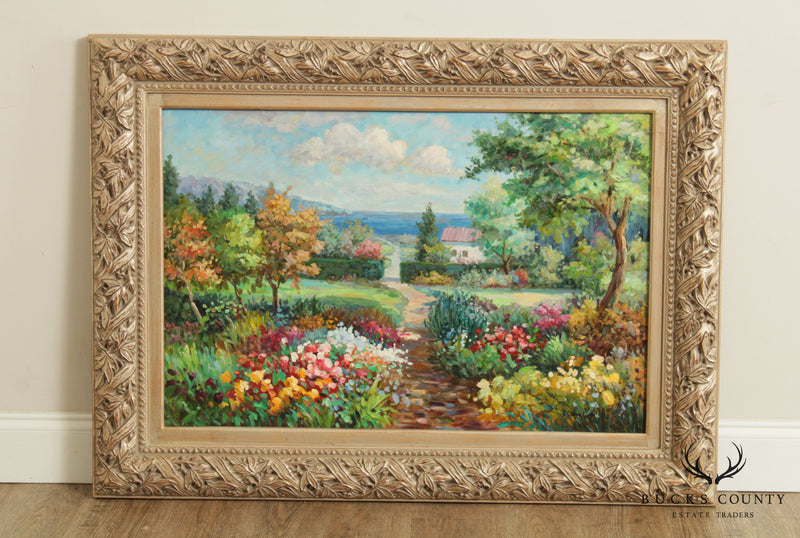 Vintage Impressionist Garden Landscape Oil Painting Signed