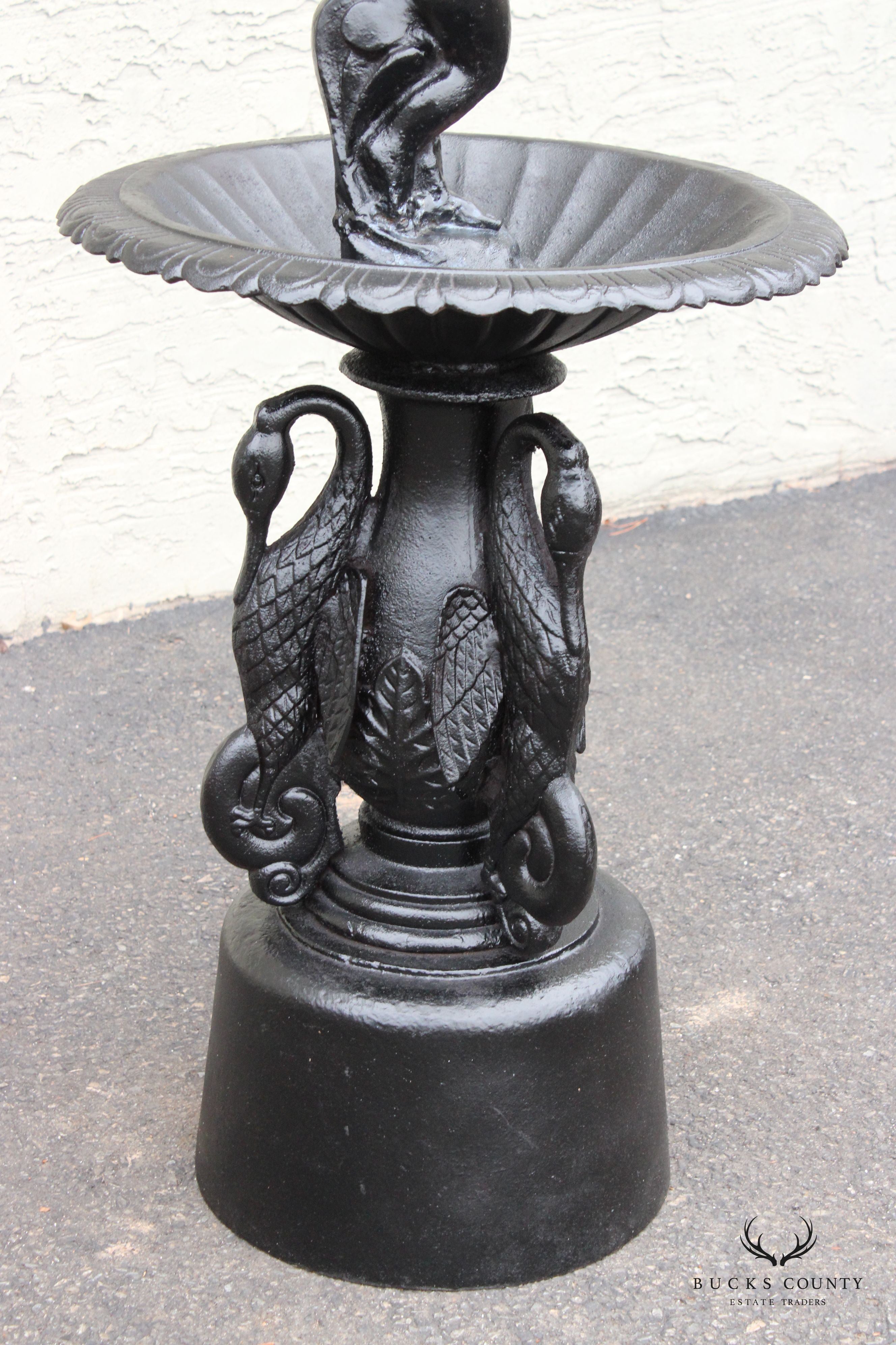 Neoclassical Style Cast Iron Cherub and Swan Garden Bird Bath