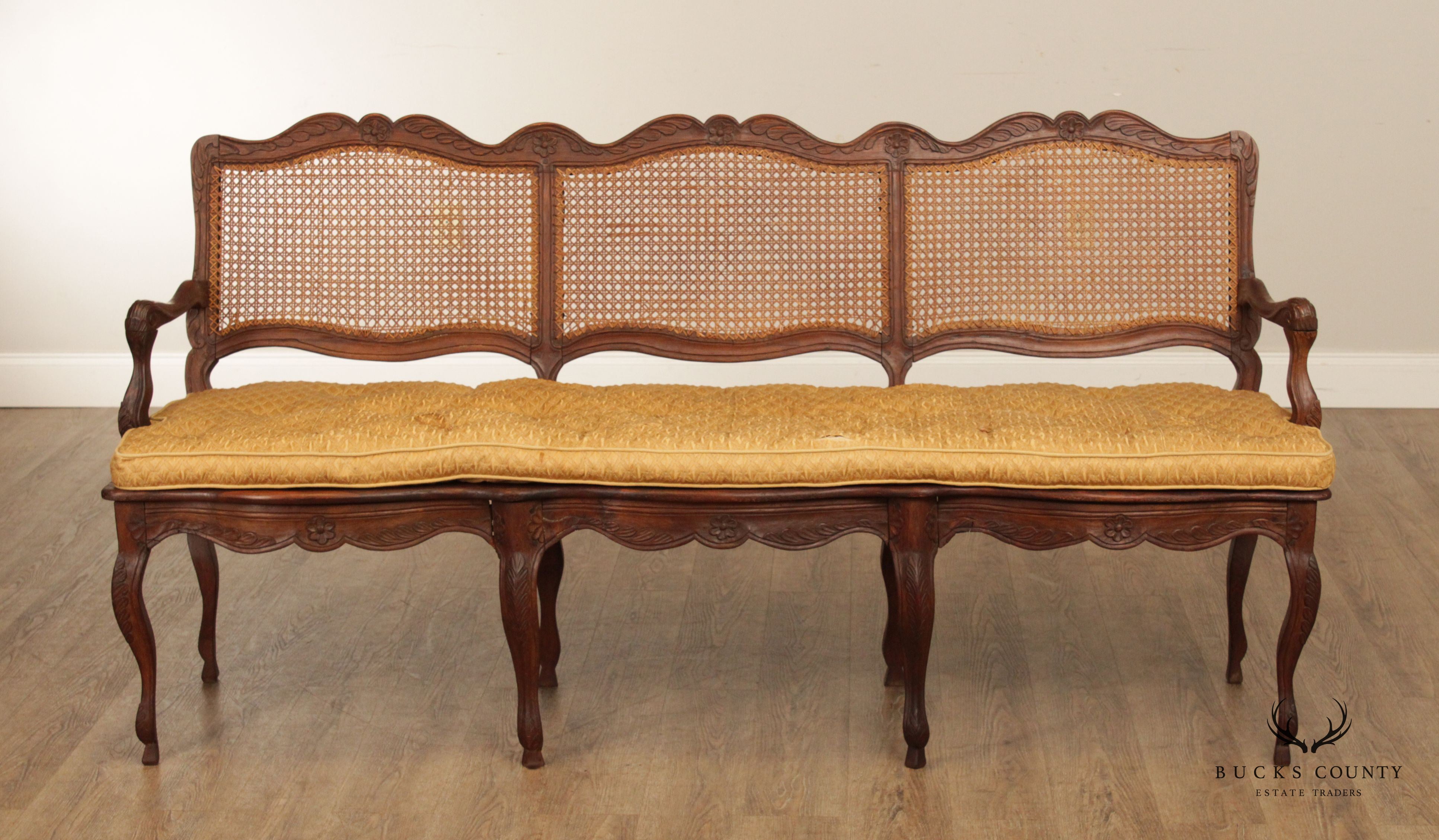 French Louis XV Style Antique Carved and Caned Three-Seat Settee Bench