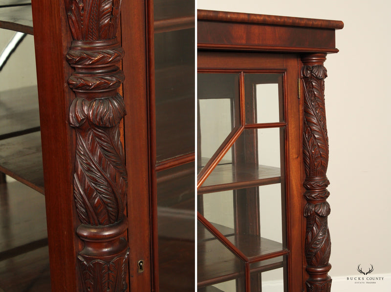 Antique Pair of American Empire Carved Acanthus and Paw Foot Mahogany China Cabinet Bookcases