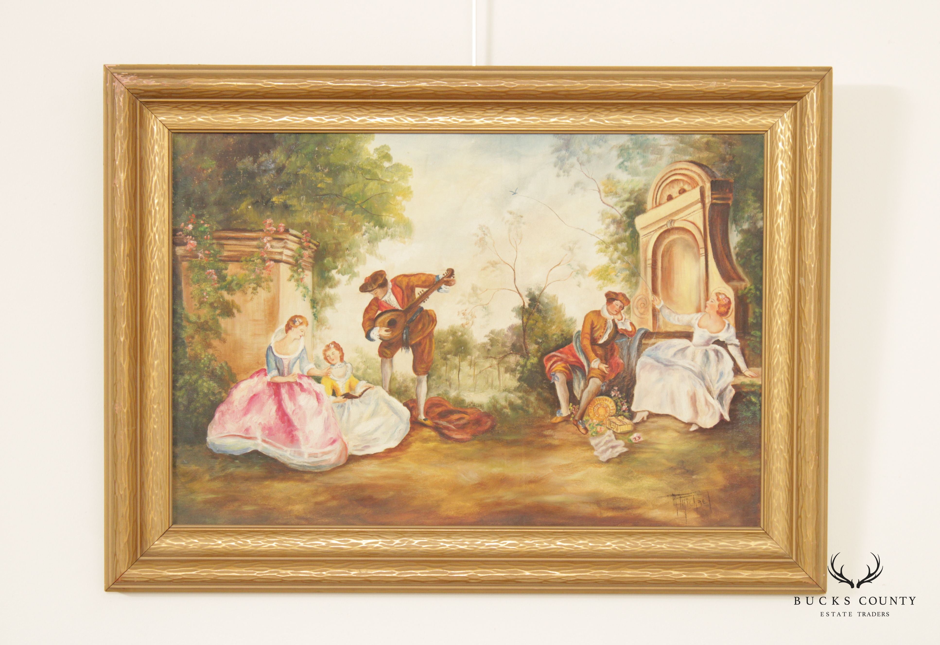 Vintage 20th C. French Rococo Style Garden Scene Painting, After Nicolas Lancret