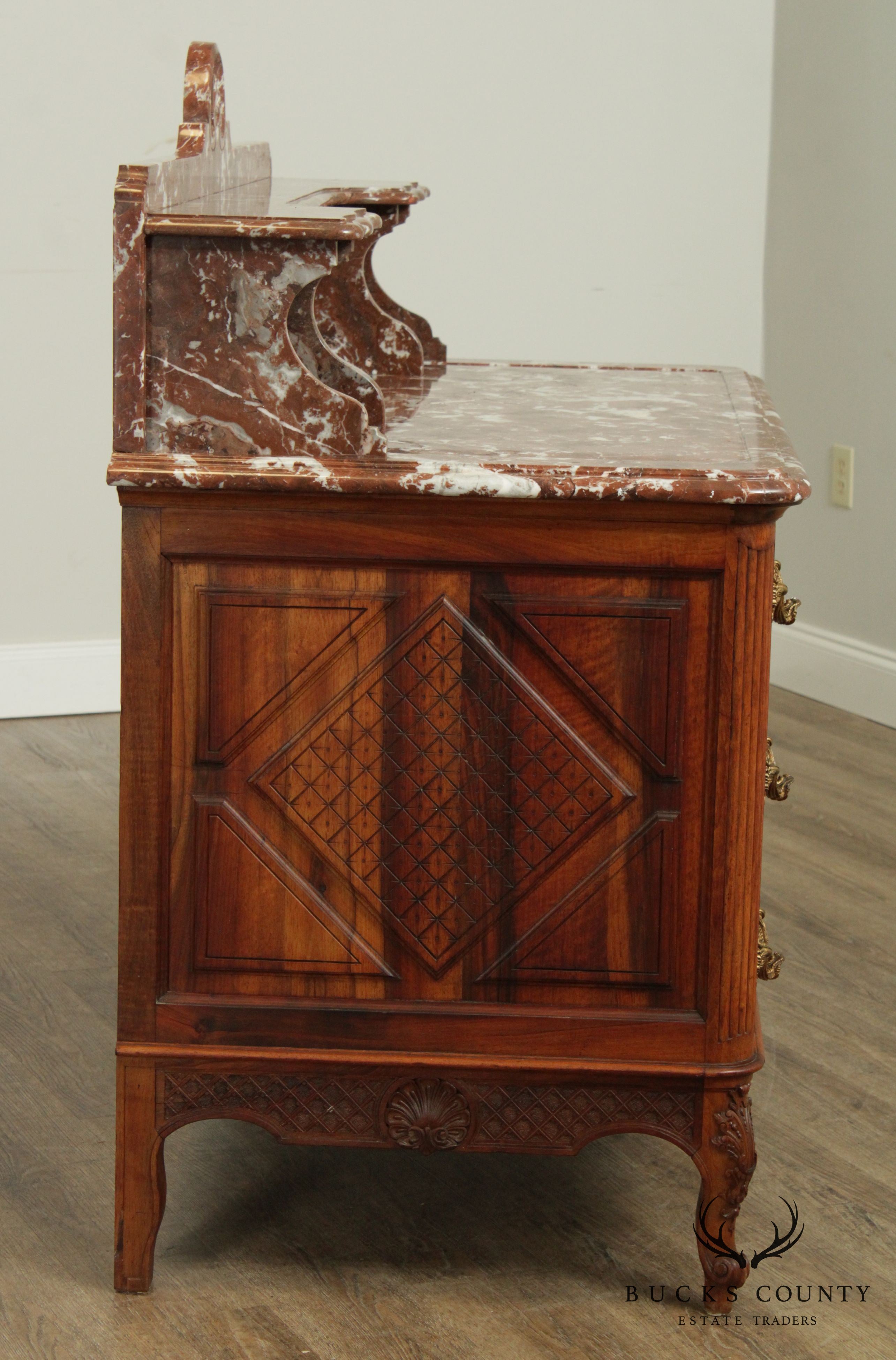 Fine Antique French Louis XV Walnut  Marble Top Parquetry Inlaid  Commode Wash Stand