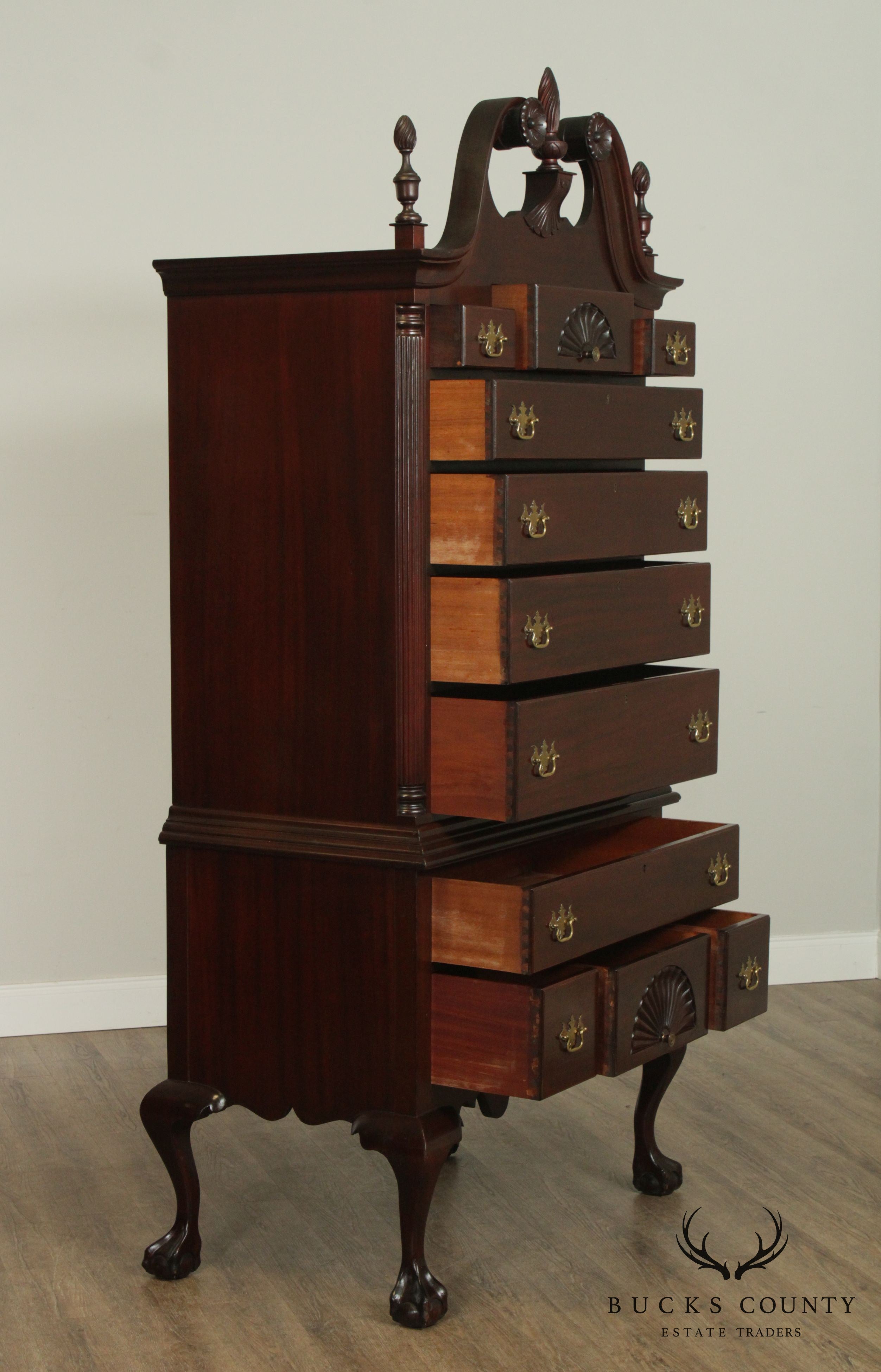 Charak 1930's Chippendale Style Hand Crafted Solid Mahogany Highboy