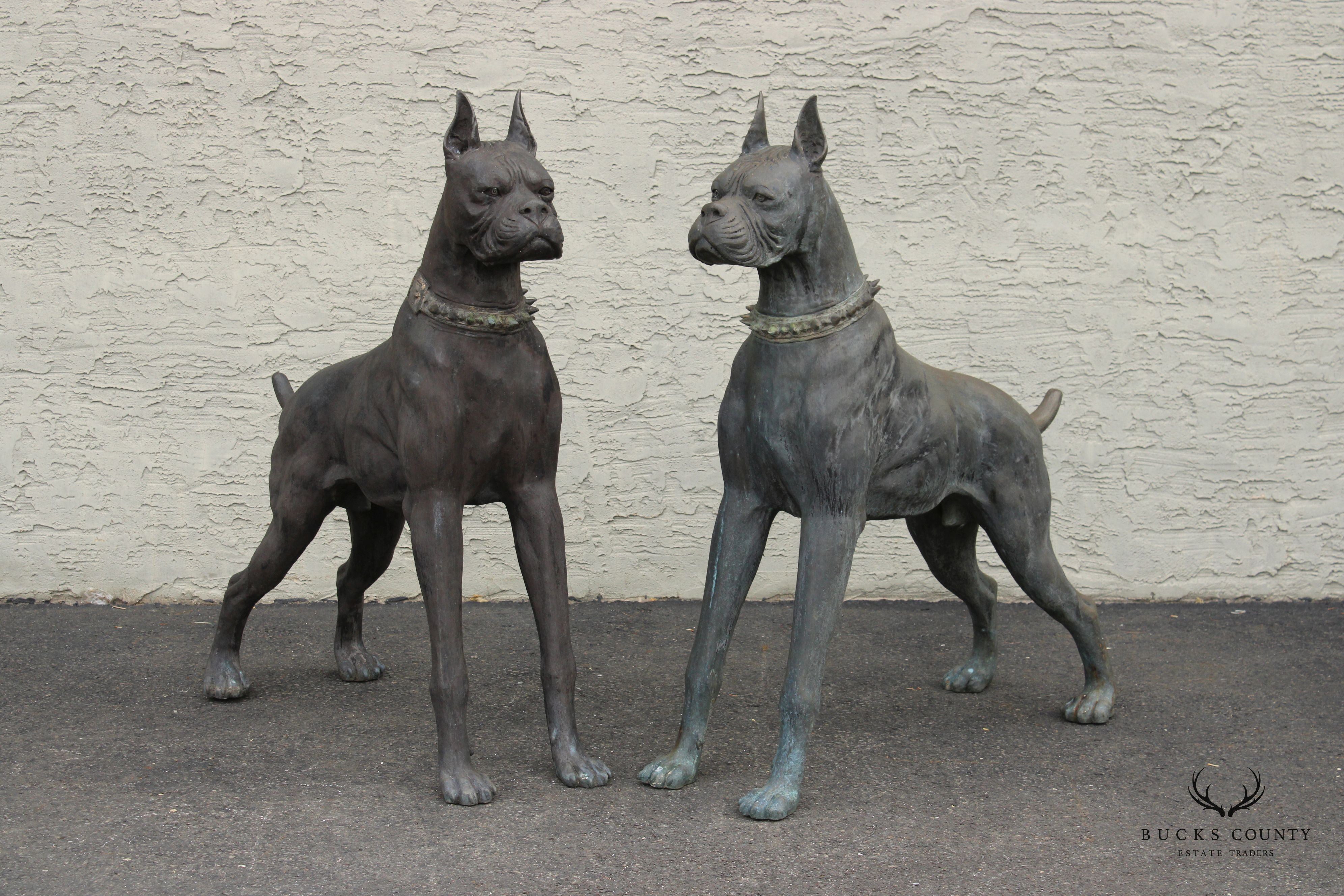 Large Pair of Patinated Bronze Boxer Dogs Garden Statues