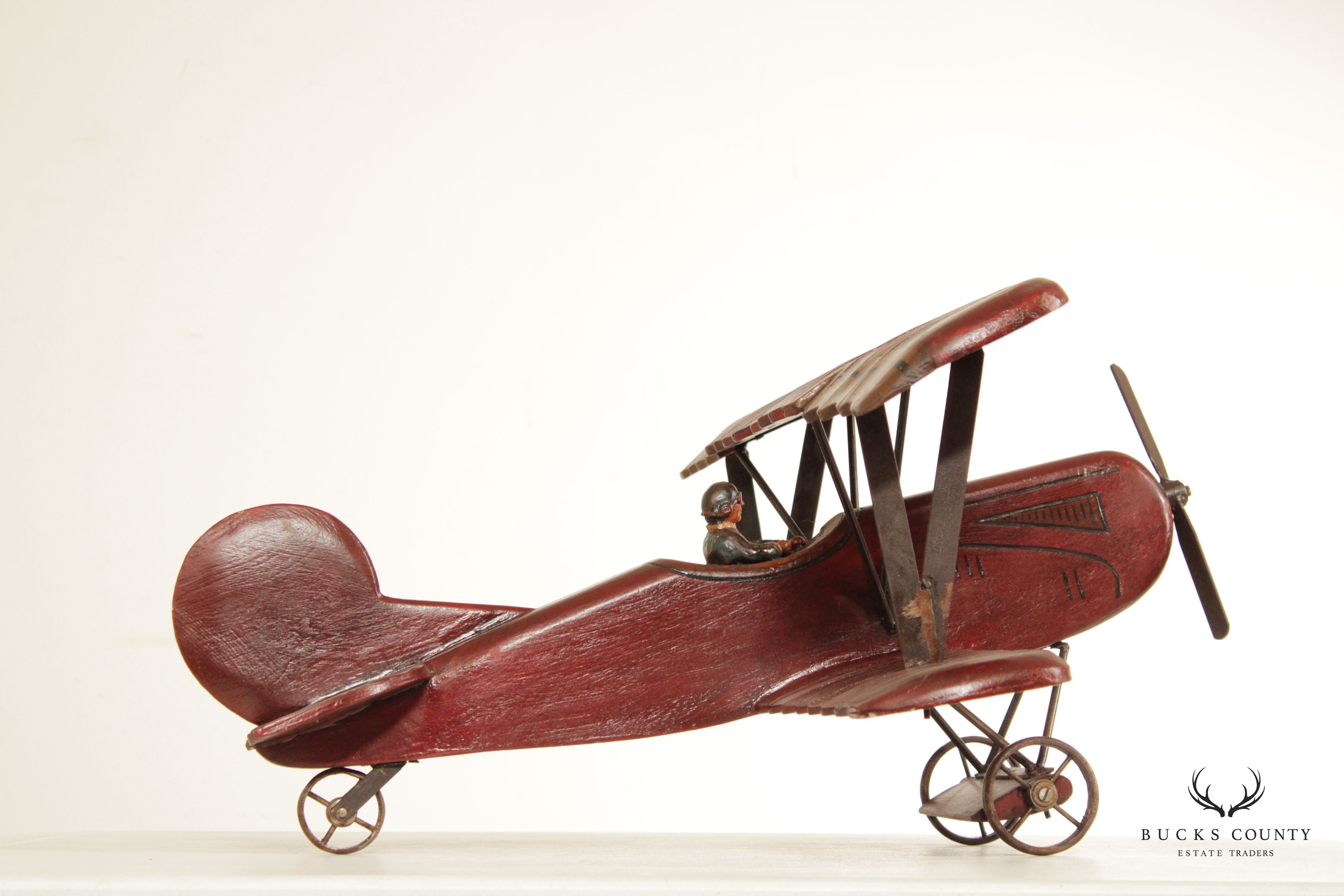 Post War Vintage Carved Wood Bi-Plane