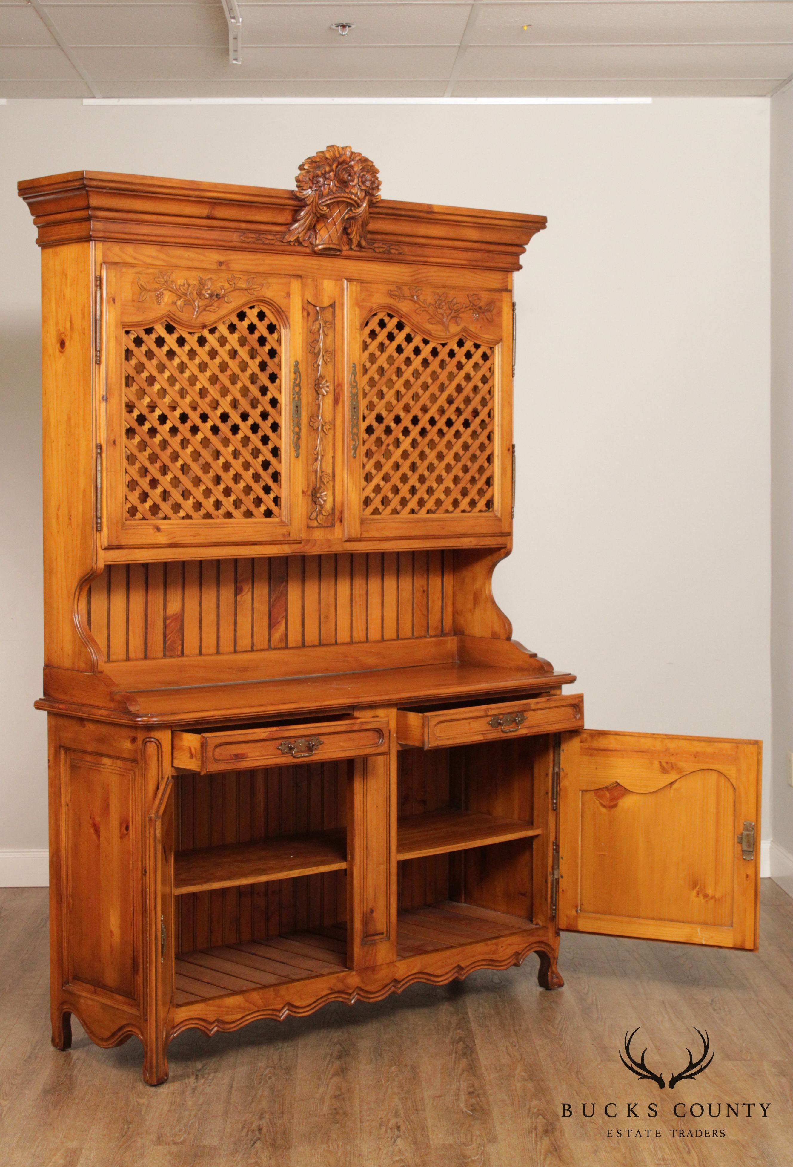 French Country Provincial Style Pine Carved Buffet Hutch Cabinet