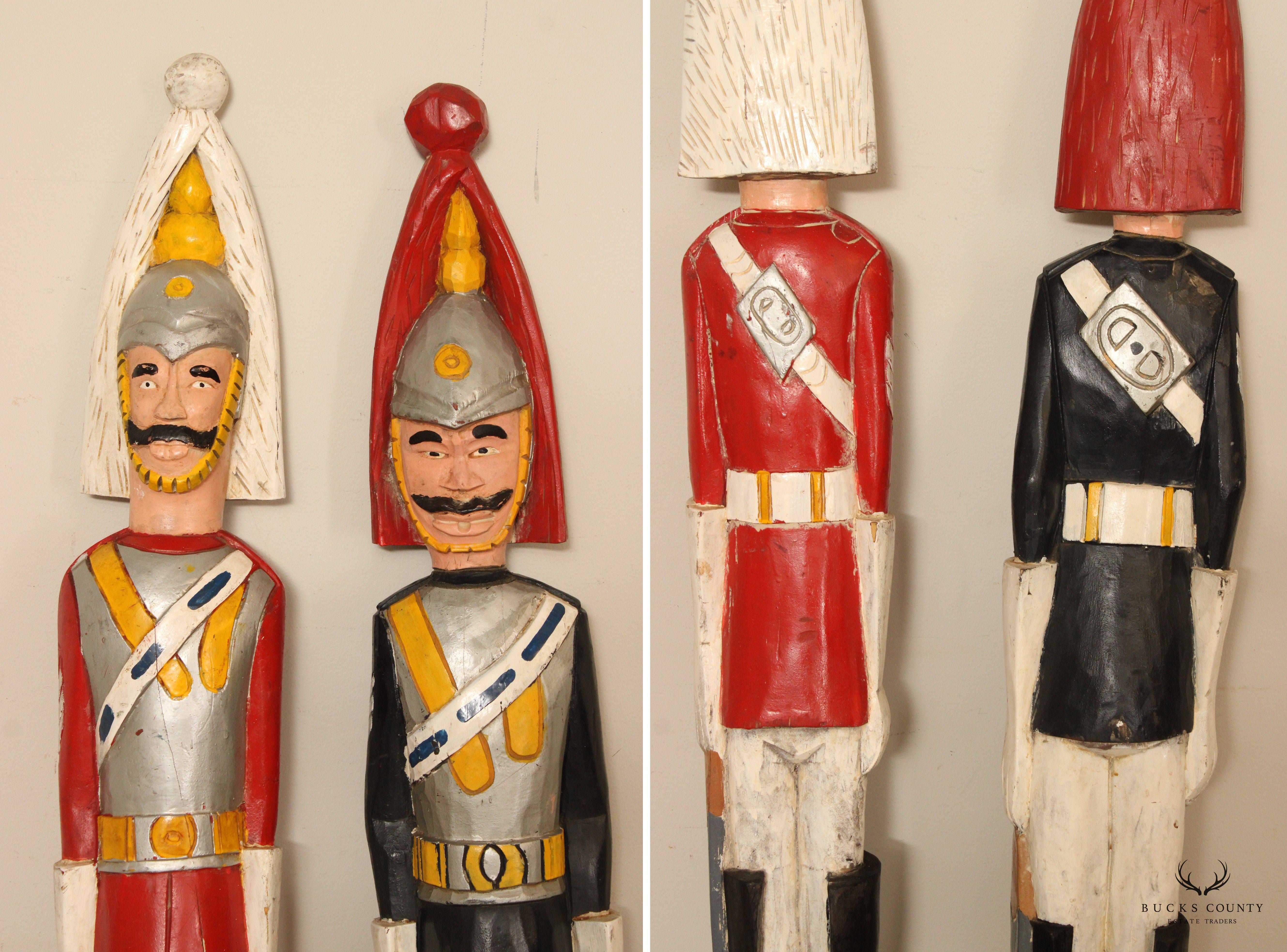 VINTAGE PAIR OF HAND CARVED BRITISH ROYAL HOUSE GUARDS STATUES